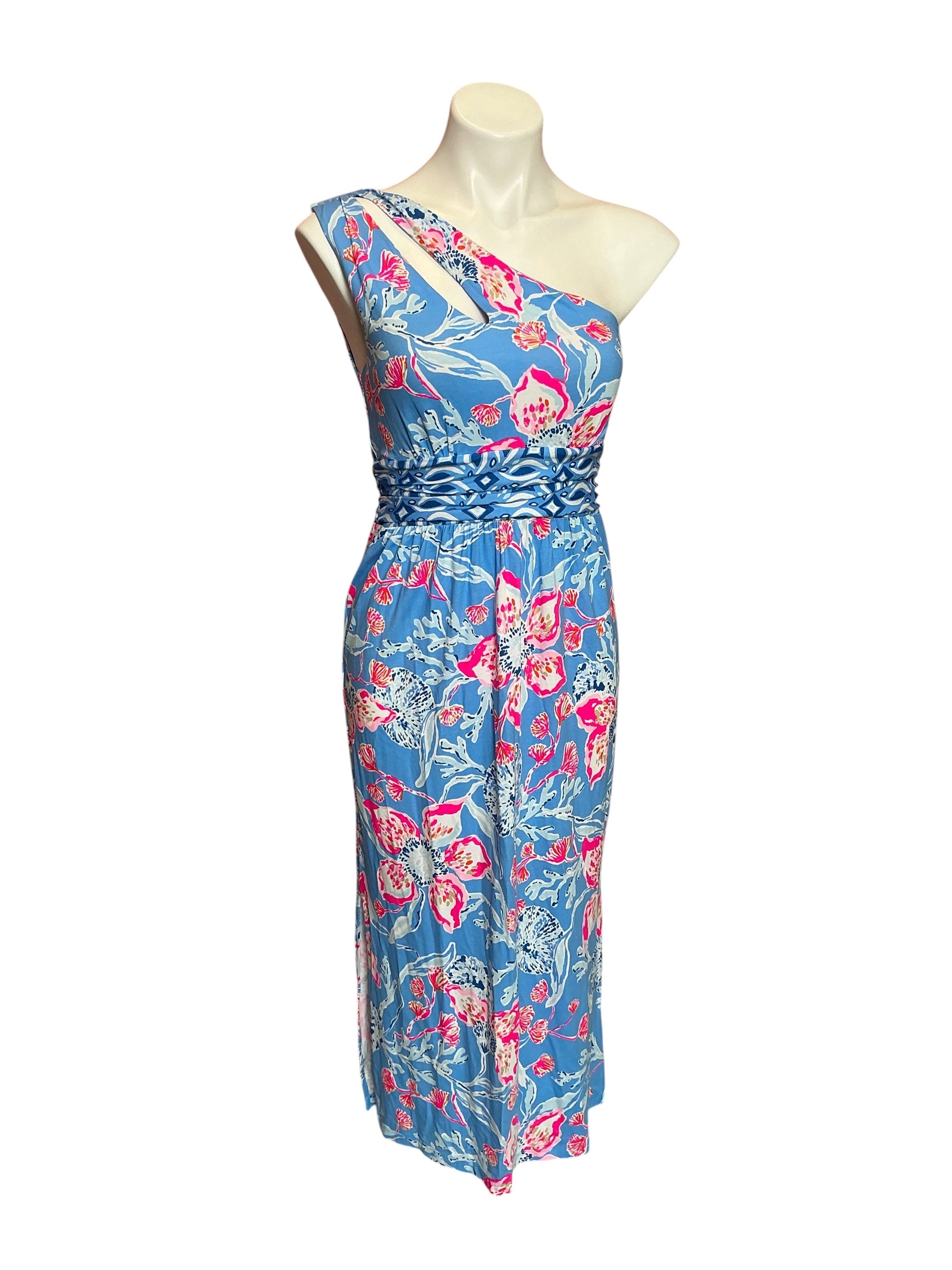 Lilly Pulitzer Helina One-Shoulder Midi Dress Barton Blue Bahamian Rhapsody - Size S