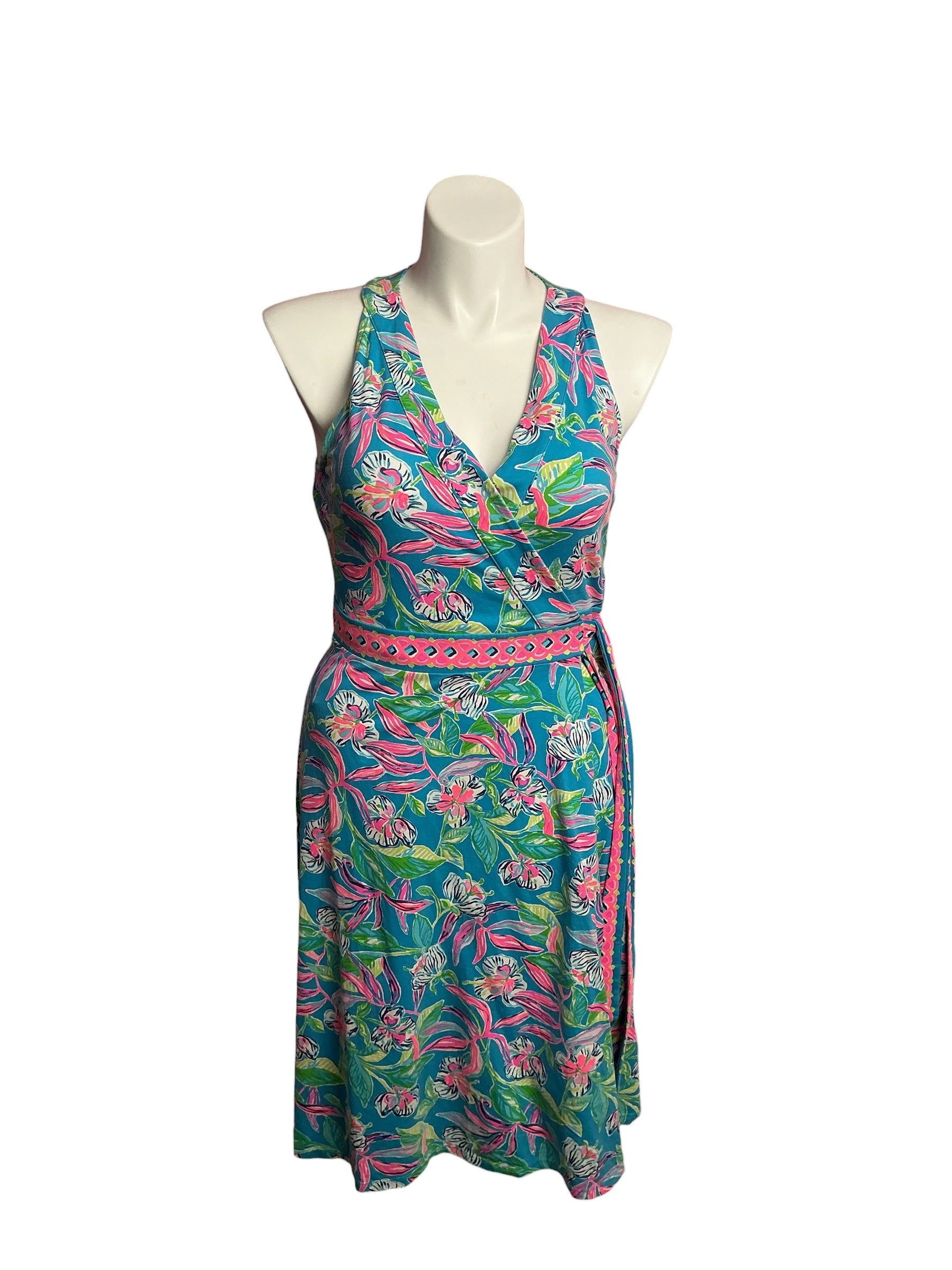 Lilly Pulitzer- Clancie Knee-Length Wrap Dress Formentera Turquoise Keep On Beleafing Size L
