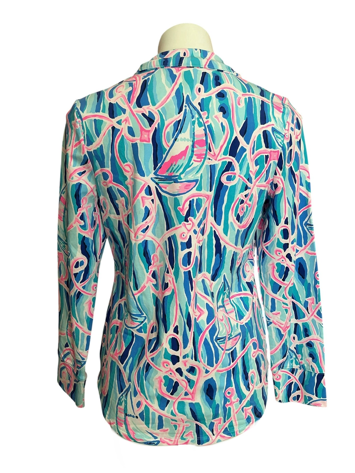 Lilly Pulitzer NWT Leona UPF 50+ Zip Up Top Skim Blue Reel Nauti - Size S