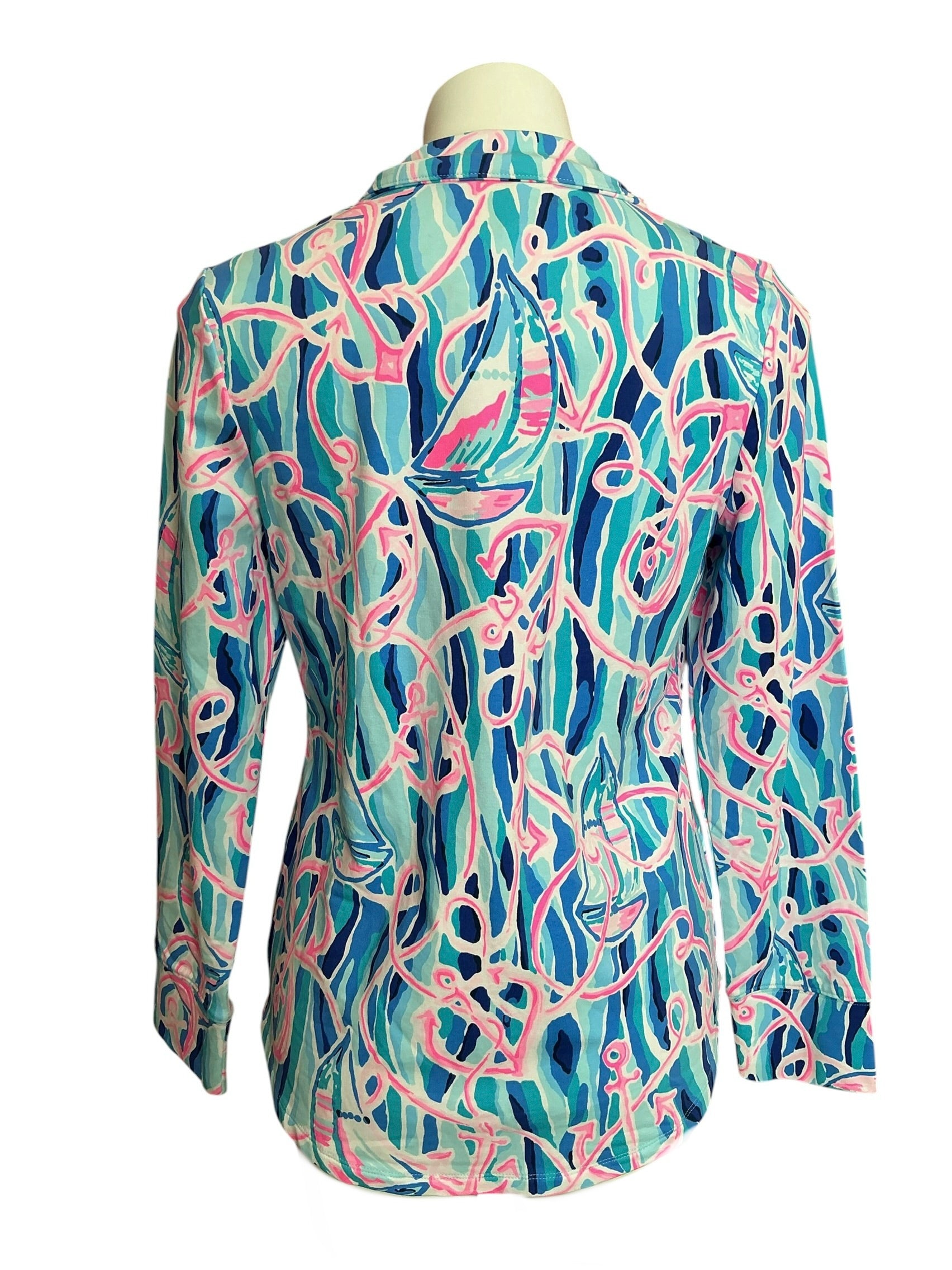 Lilly Pulitzer NWT Leona UPF 50+ Zip Up Top Skim Blue Reel Nauti - Size S