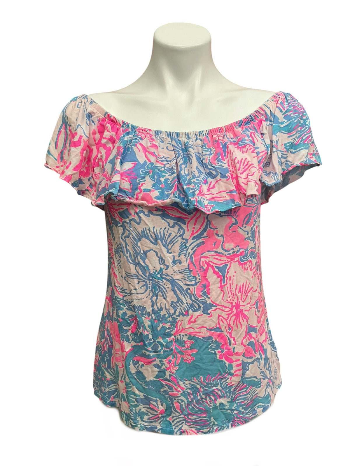 Lilly Pulitzer La Fortuna Off The Shoulder Top Blue Peri Viva La Lilly - Size M