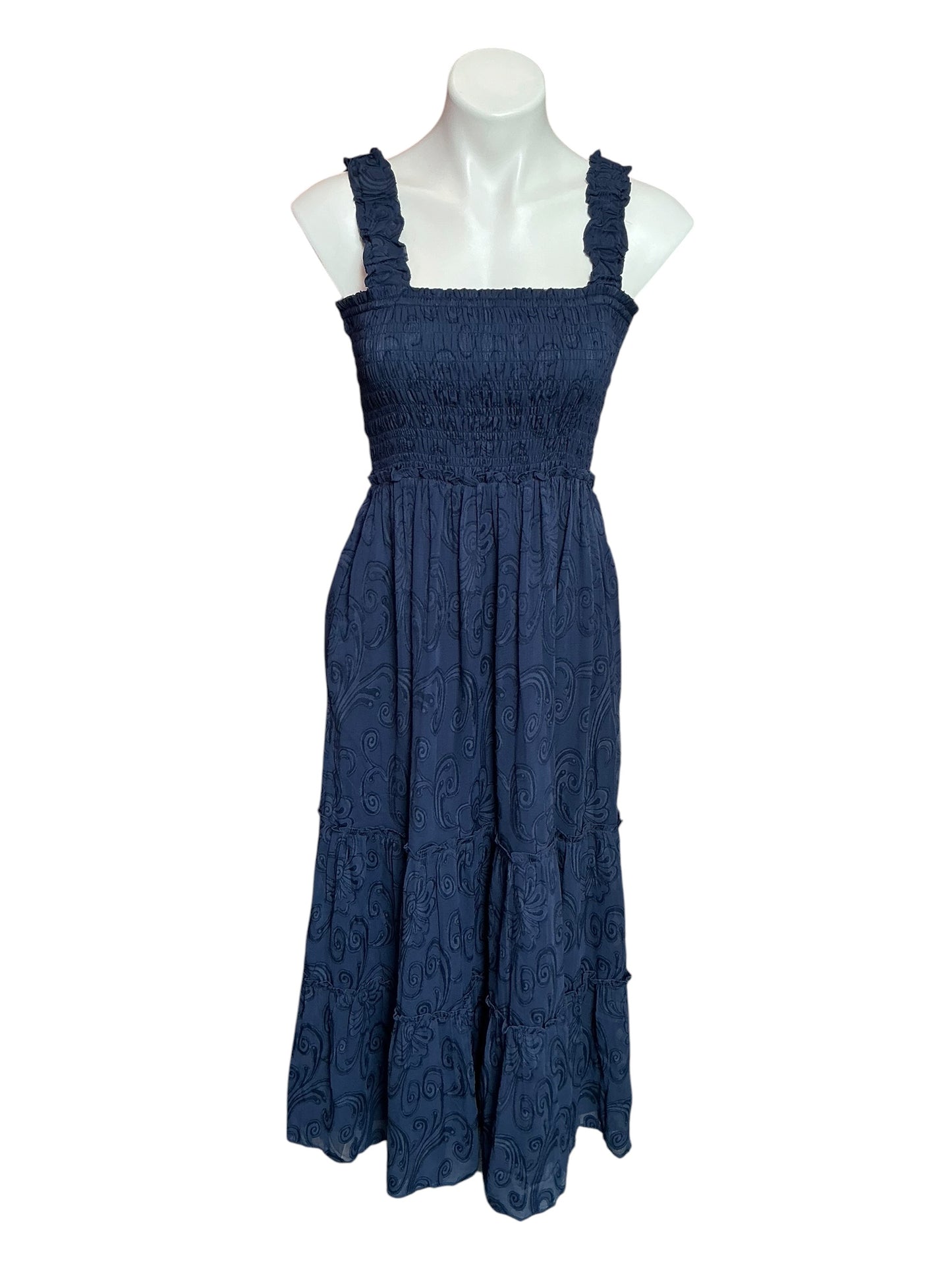 Lilly Pulitzer Hadly Smocked Maxi Dress True Navy Poly Crepe Swirl Clip - Size S