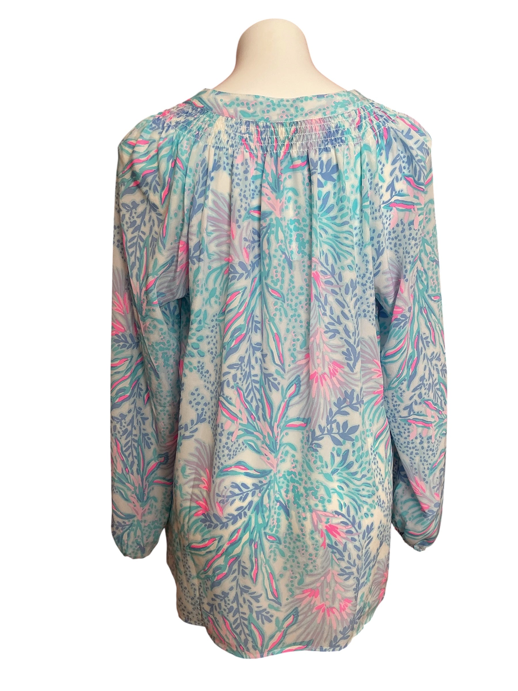 Lilly Pulitzer Elsa Long Sleeve Silk Top Celestial Blue Seek And Sea - Size XL