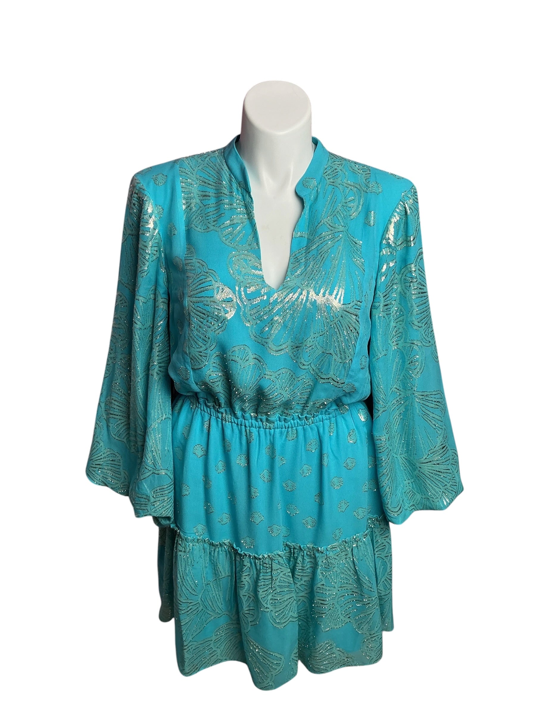Lilly Pulitzer- NWT Joella Silk Dress Bermuda Blue Seagrass Metallic Clip Chiffon Size 14