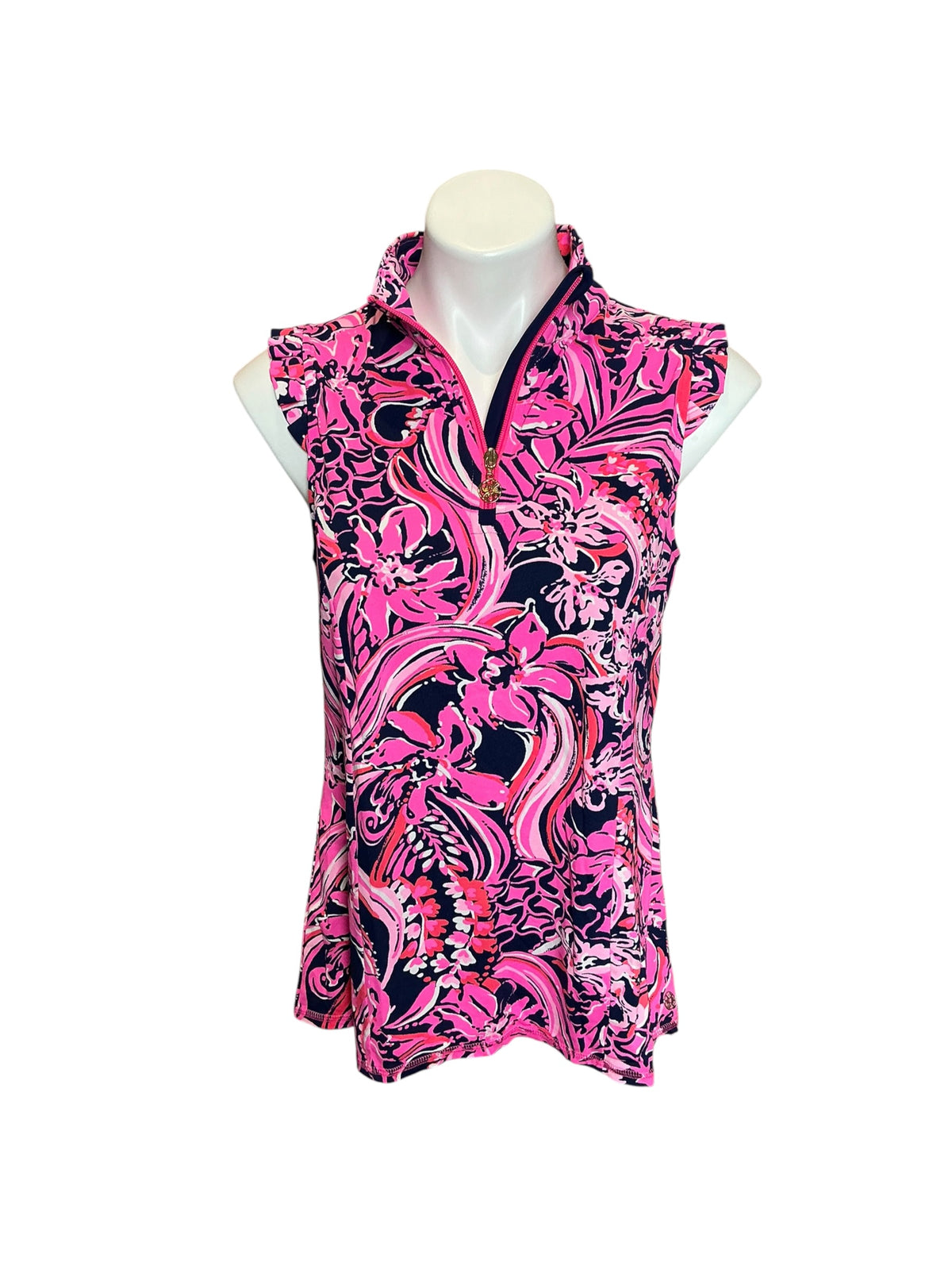 Lilly Pulitzer Luxletic Larissa Ruffle Half-Zip Top Low Tide Navy Flirty Fins and Feathers - Size L