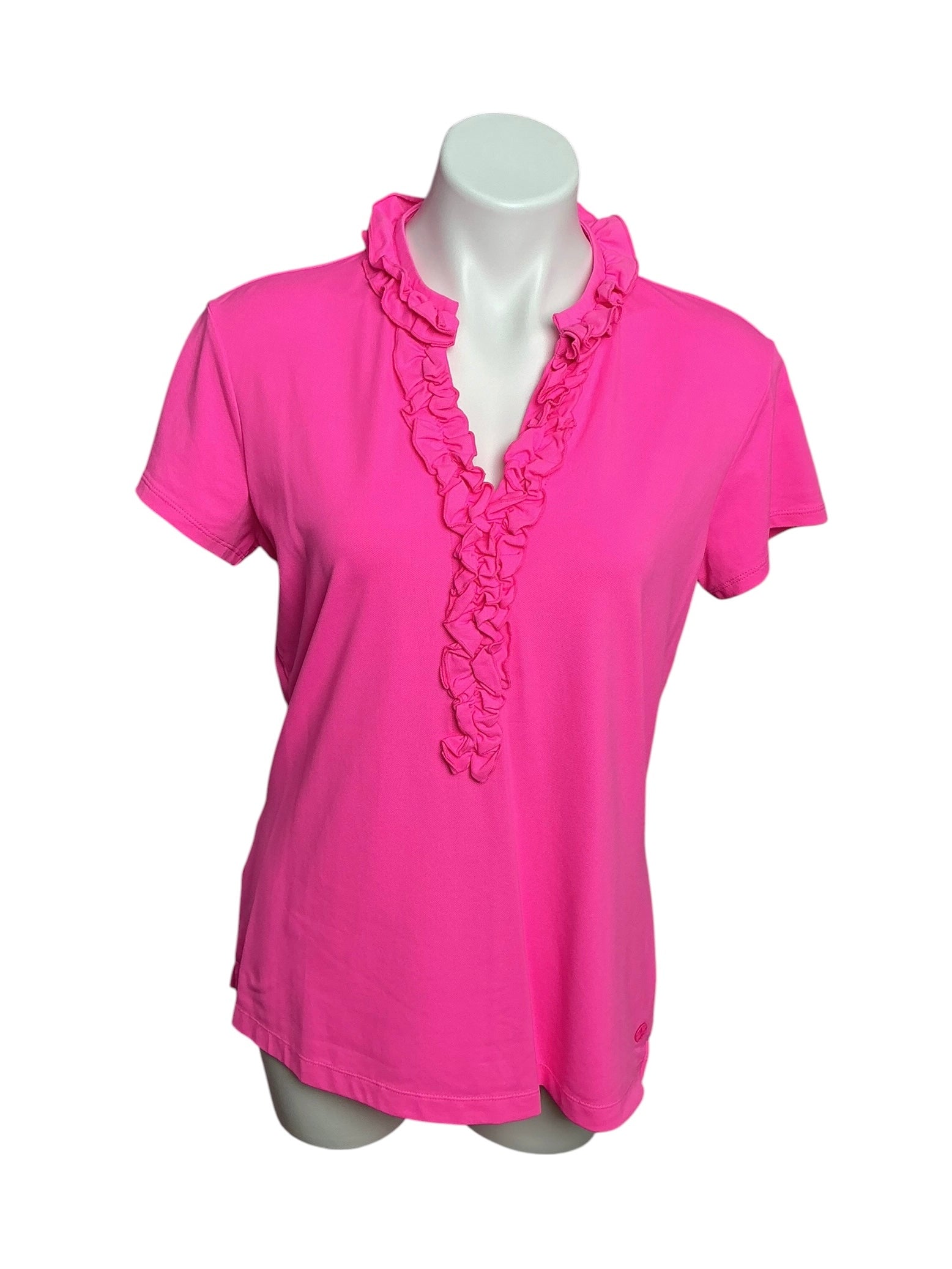 Lilly Pulitzer UPF 50+ Luxletic Frida Ruffle Polo Top Prosecco Pink - Size L