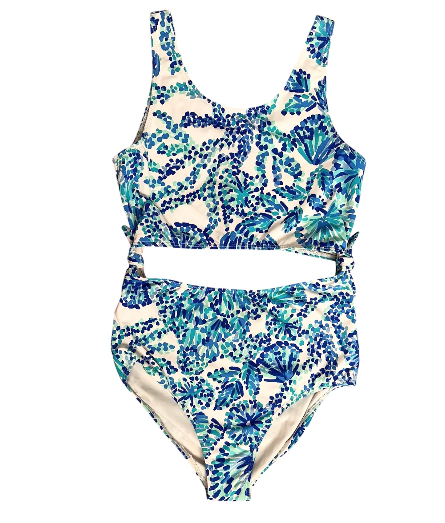 Lilly Pulitzer Girls Evalina UPF 50+ Swimsuit Turquoise Oasis Shell Me You Love Me - Size L