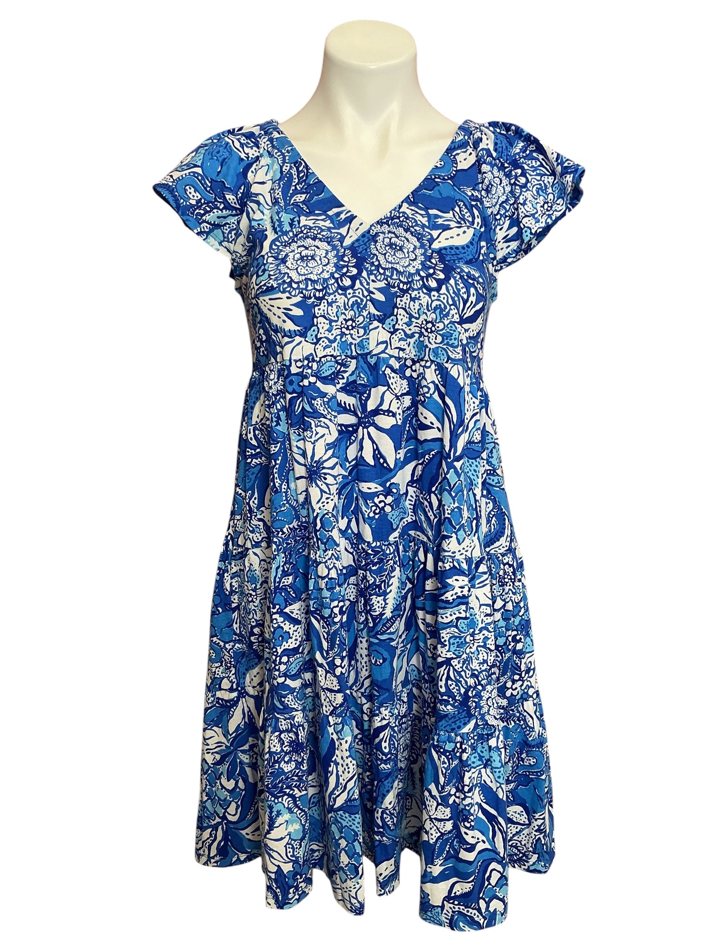 Lilly Pulitzer NWT Kawai Flutter Sleeve Dress Blue Tang Flocking Fabulous - Size XS