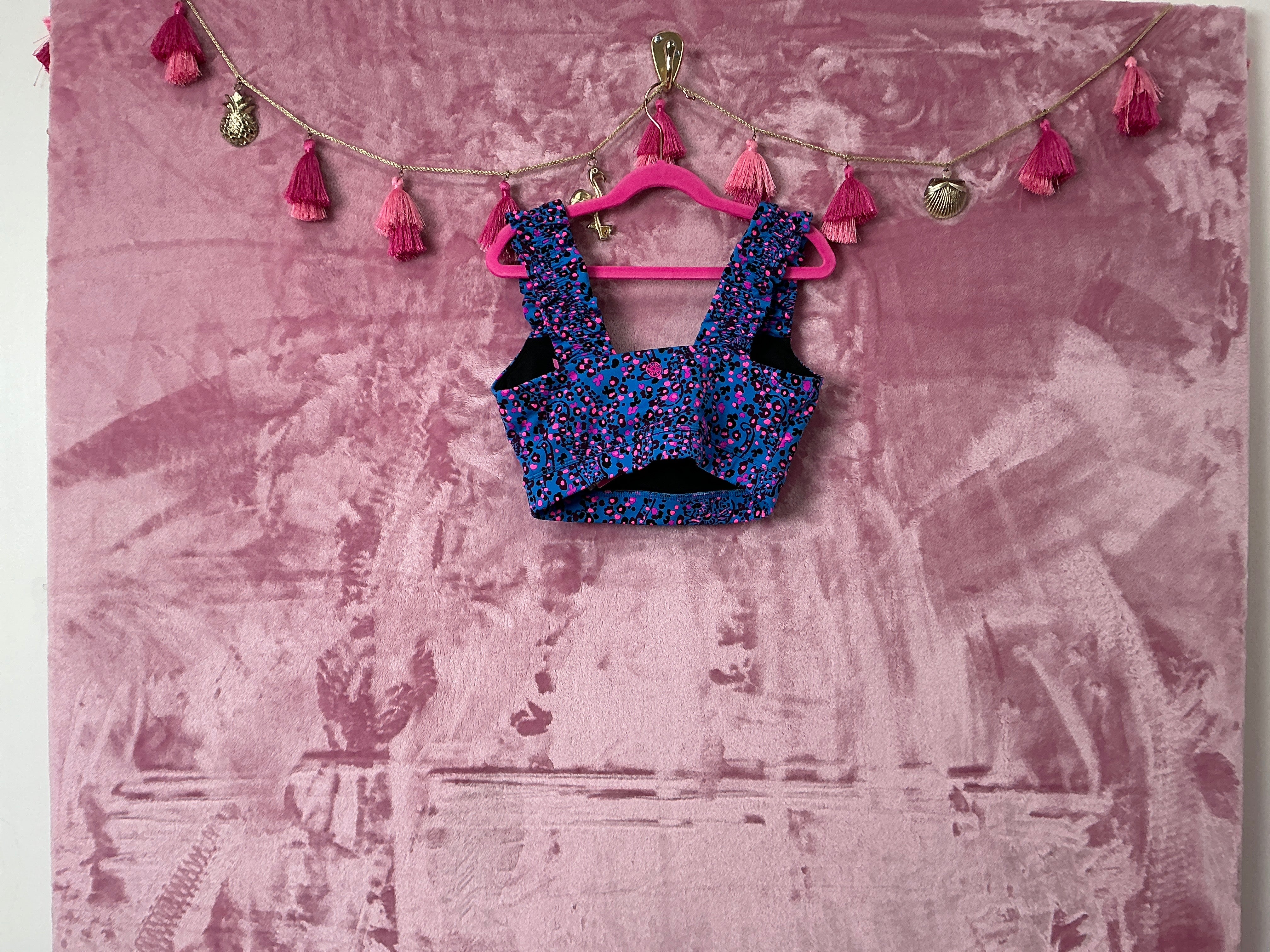 Lilly Pulitzer NWT Karena Ruffle Sports Bra Blue Flare Growl and Prowl - Size XS