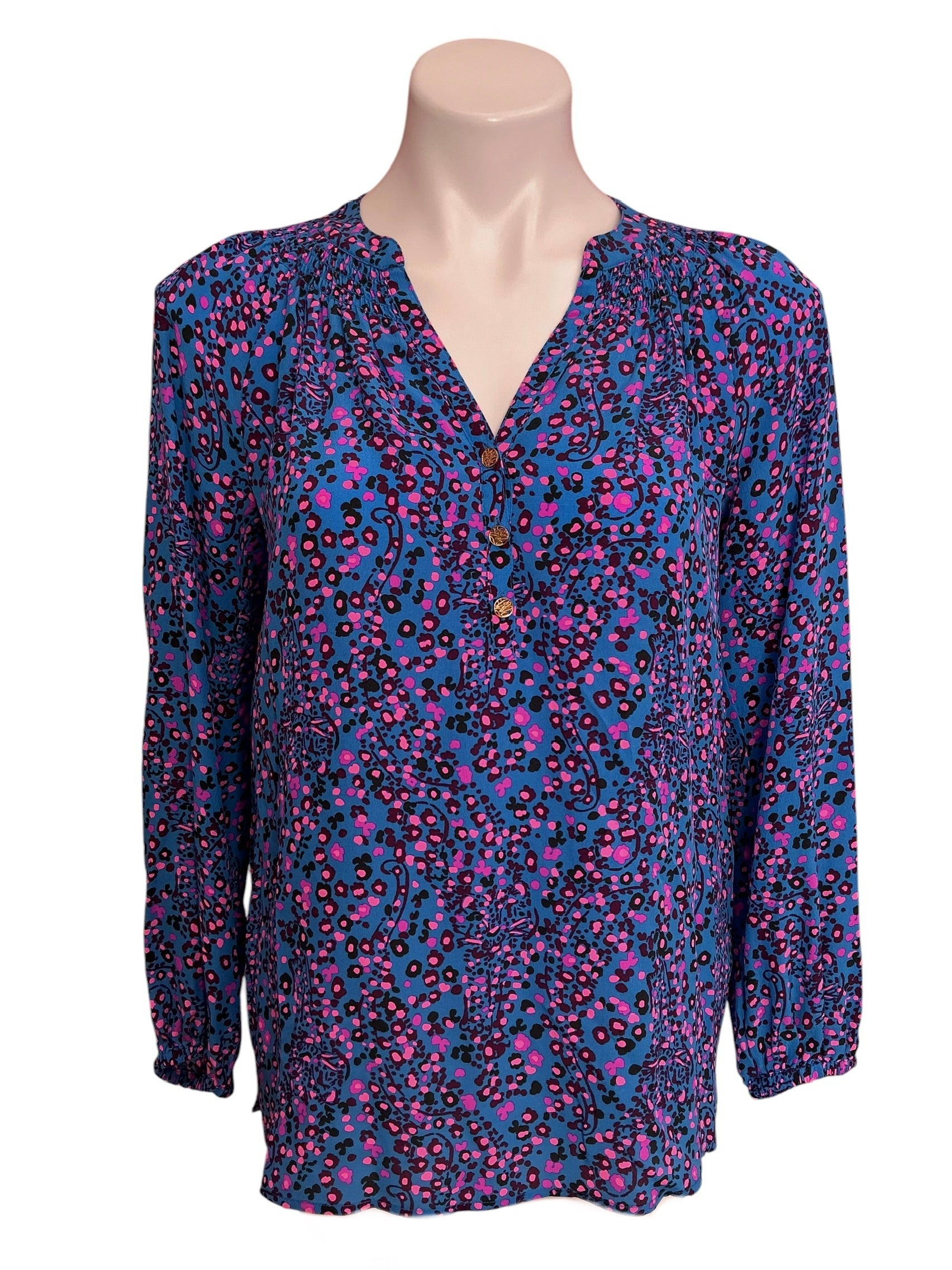 Lilly Pulitzer Esia Silk Blouse Seabreeze Blue Low Tide Navy Spotted - Size XS
