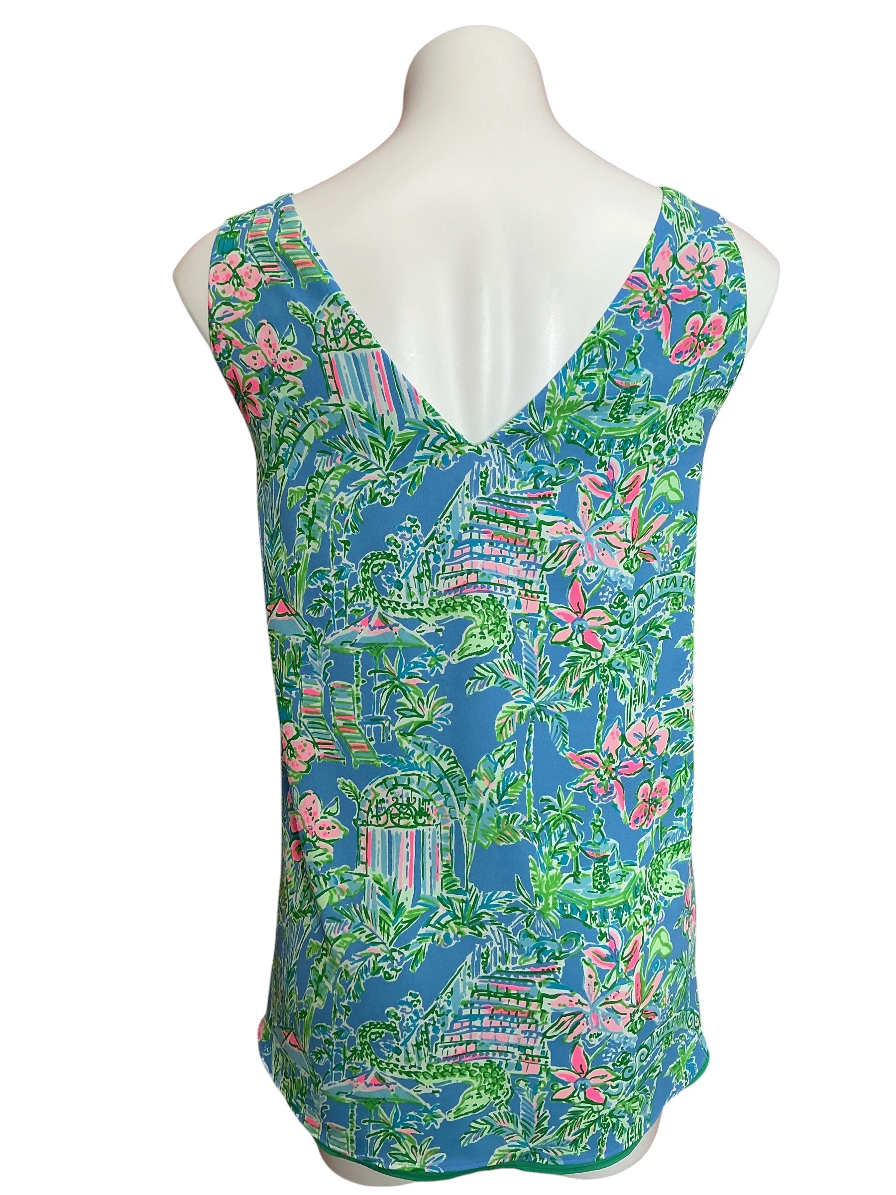 Lilly Pulitzer Florin Sleeveless V Neck Reversible Tank Top Boca Blue Beneath The Bougainvillea - Size XL