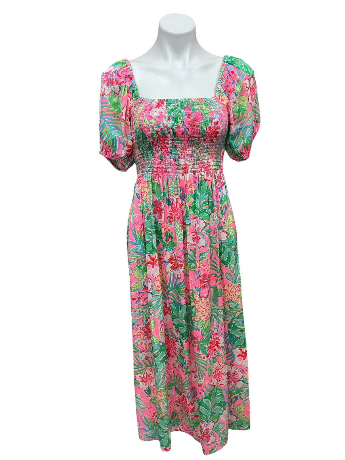 Lilly Pulitzer Selah Short Sleeve Smocked Midi Dress Journey To The Jungle - Size S