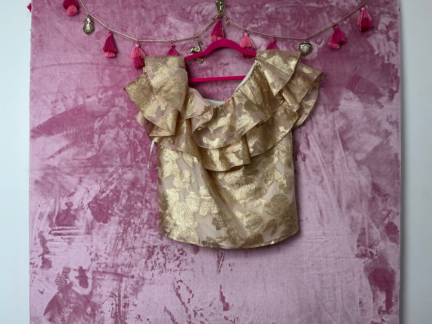 Lilly Pulitzer NWT Trixie One Shoulder Ru Gold Organza Brocade - Size M