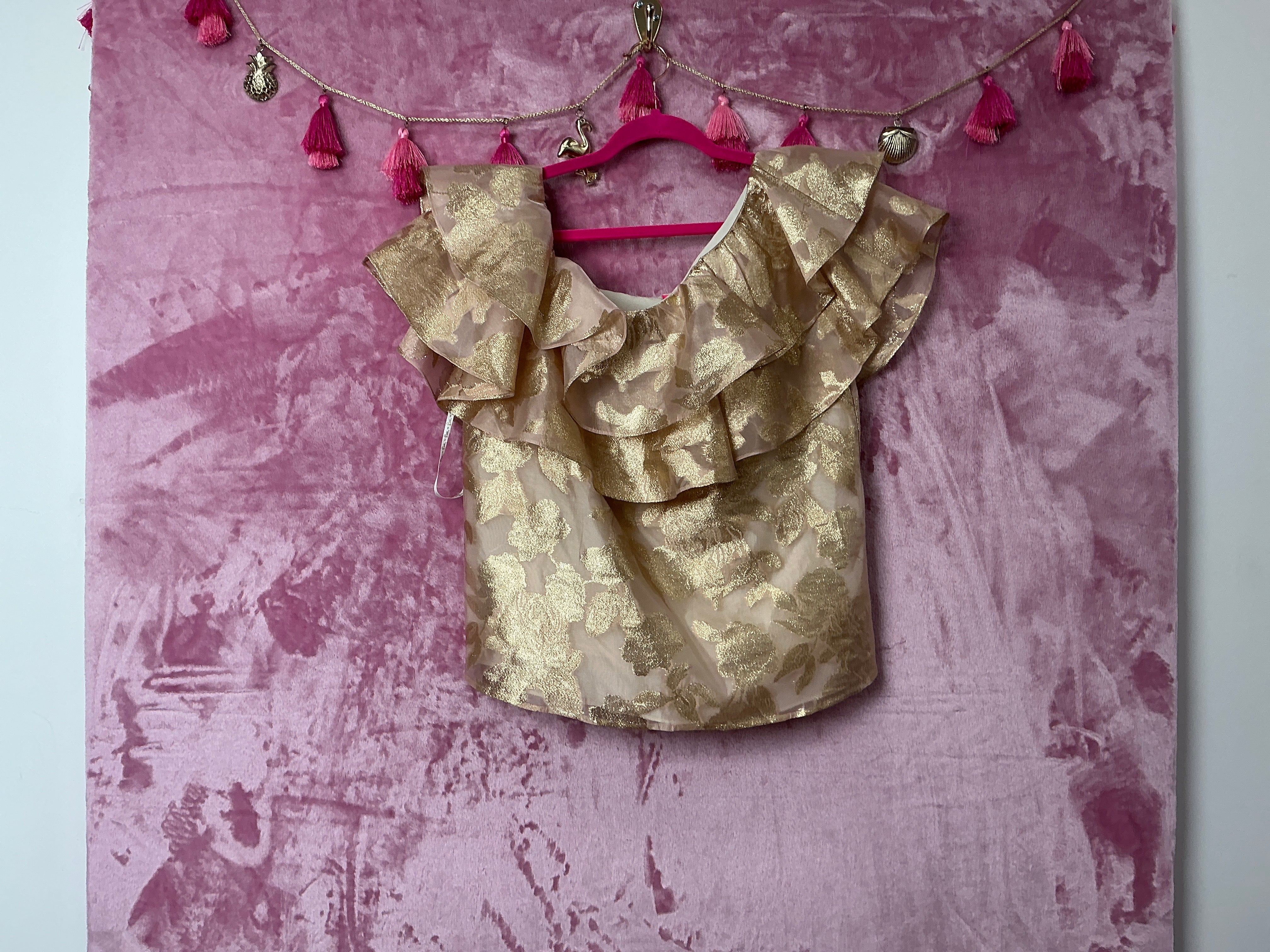 Lilly Pulitzer NWT Trixie One Shoulder Ru Gold Organza Brocade - Size M