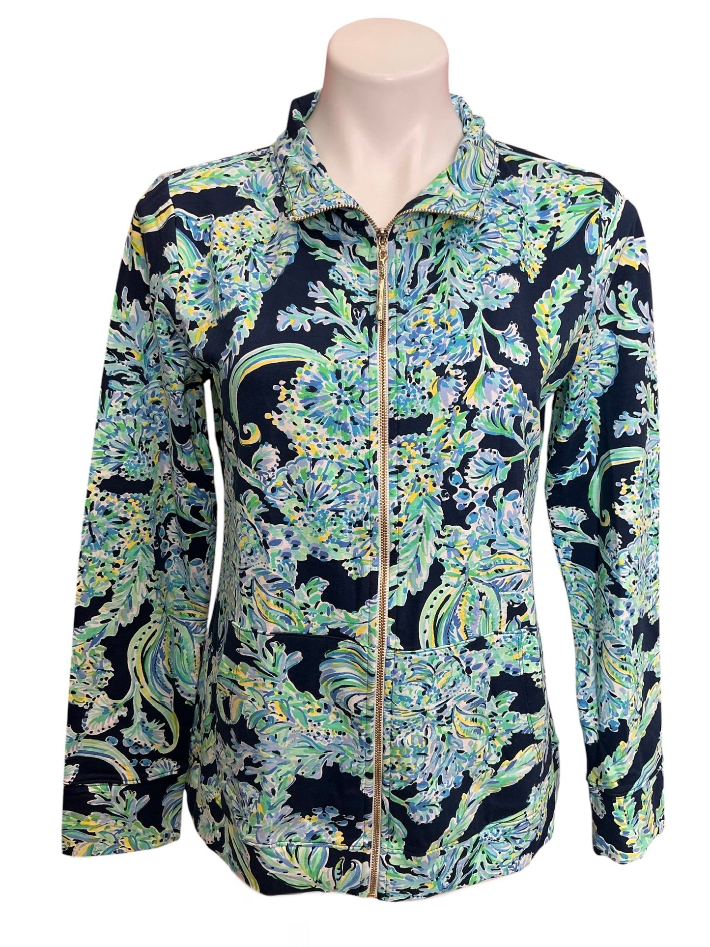 Lilly Pulitzer NWT UPF 50+ Betsey Zip Up Top High Tide Navy Scuba Doo - Size M