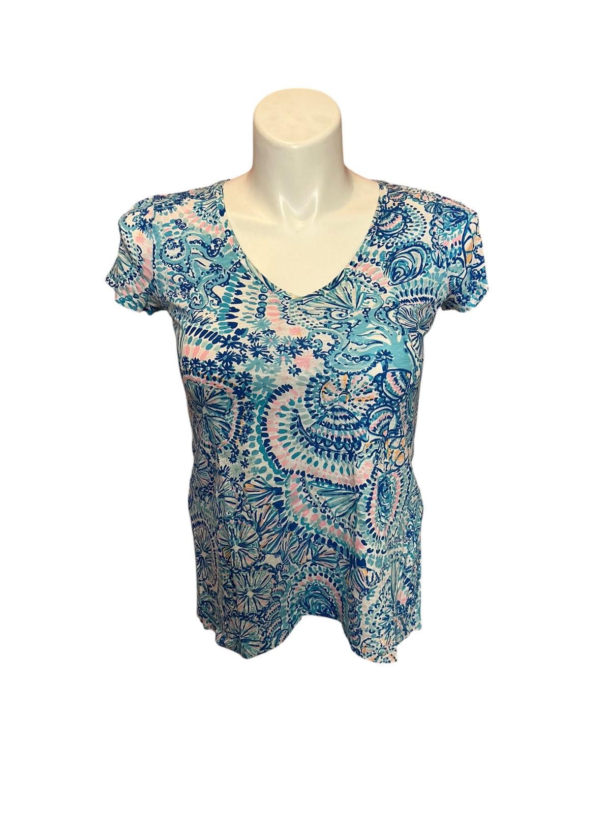 Lilly Pulitzer Etta V-Neck Top Blue Grotto Commotion in the Ocean - Size XS