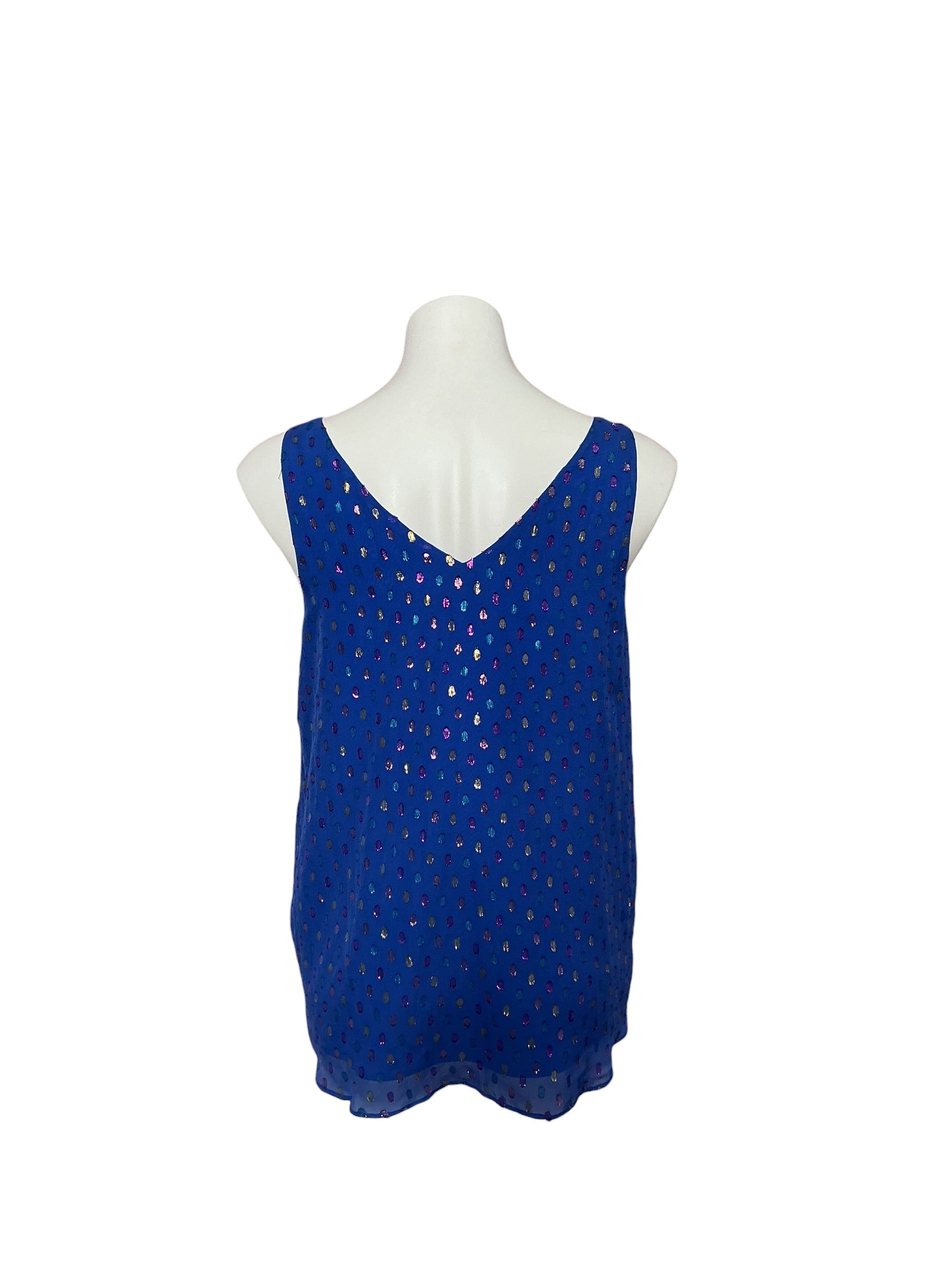 Lilly Pulitzer- Florin Silk Sleeveless V-Neck Iris Blue Moroccan Metallic Clip Size S