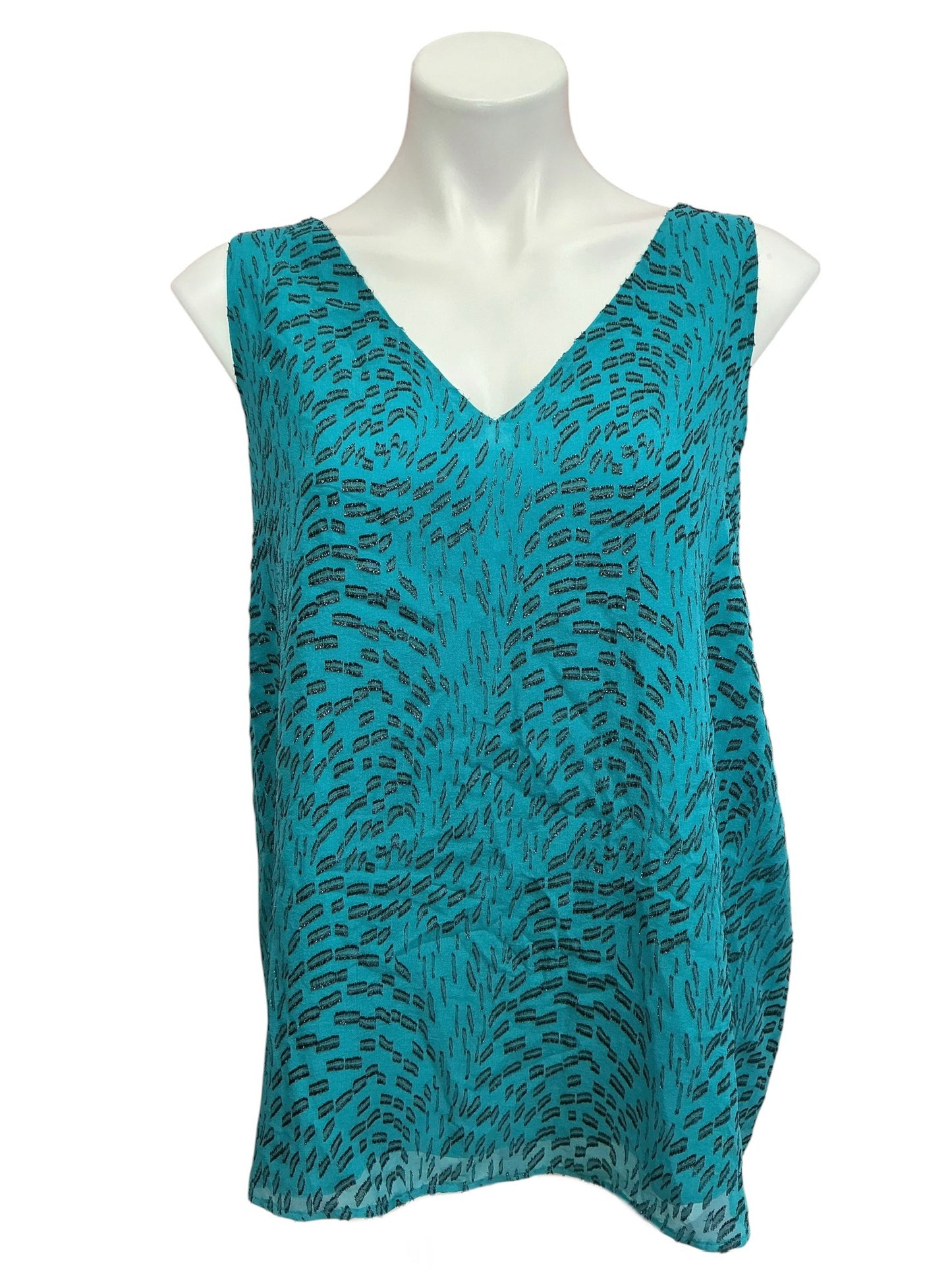 Lilly Pulitzer NWT Florin Silk Sleeveless V Neck Top Teal Bay Silk Swirl Clip - Size XL
