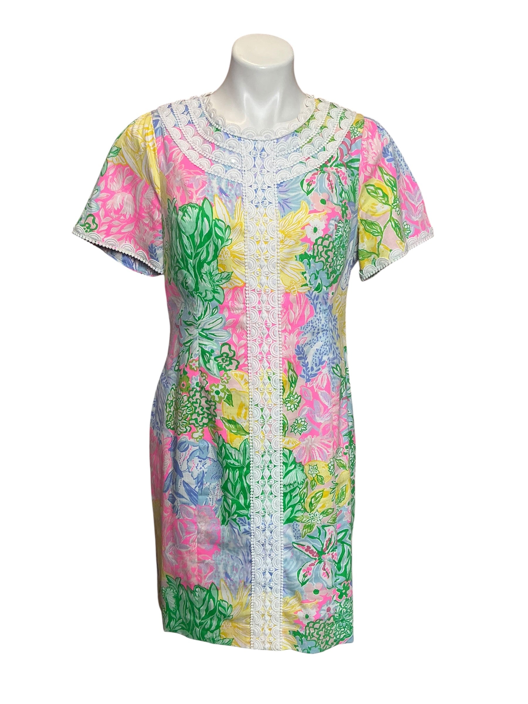Lilly Pulitzer Mila Short Sleeve Shift Dress Multi Bright Delight Patch - 12