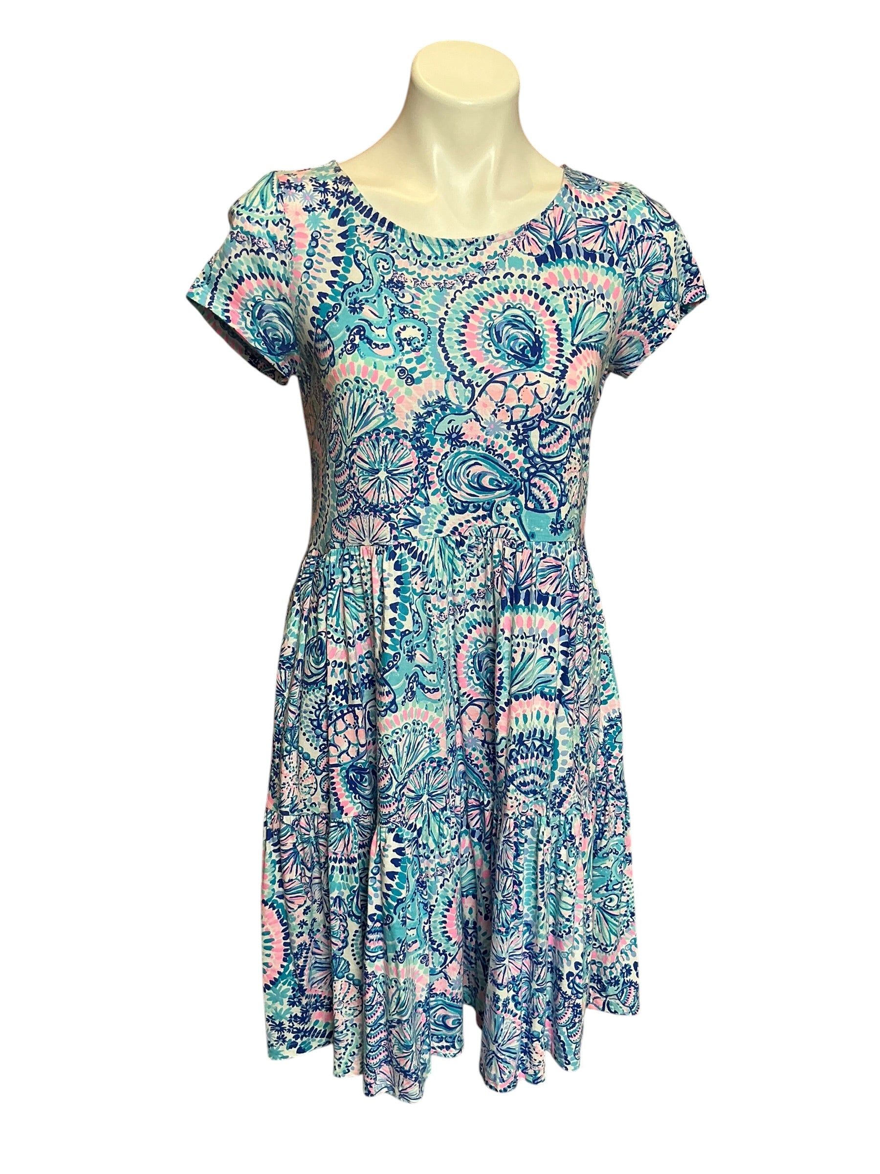 Lilly Pulitzer Geanna Short Sleeve Swing Dress Surf Blue I'm So Shellegant - Size S