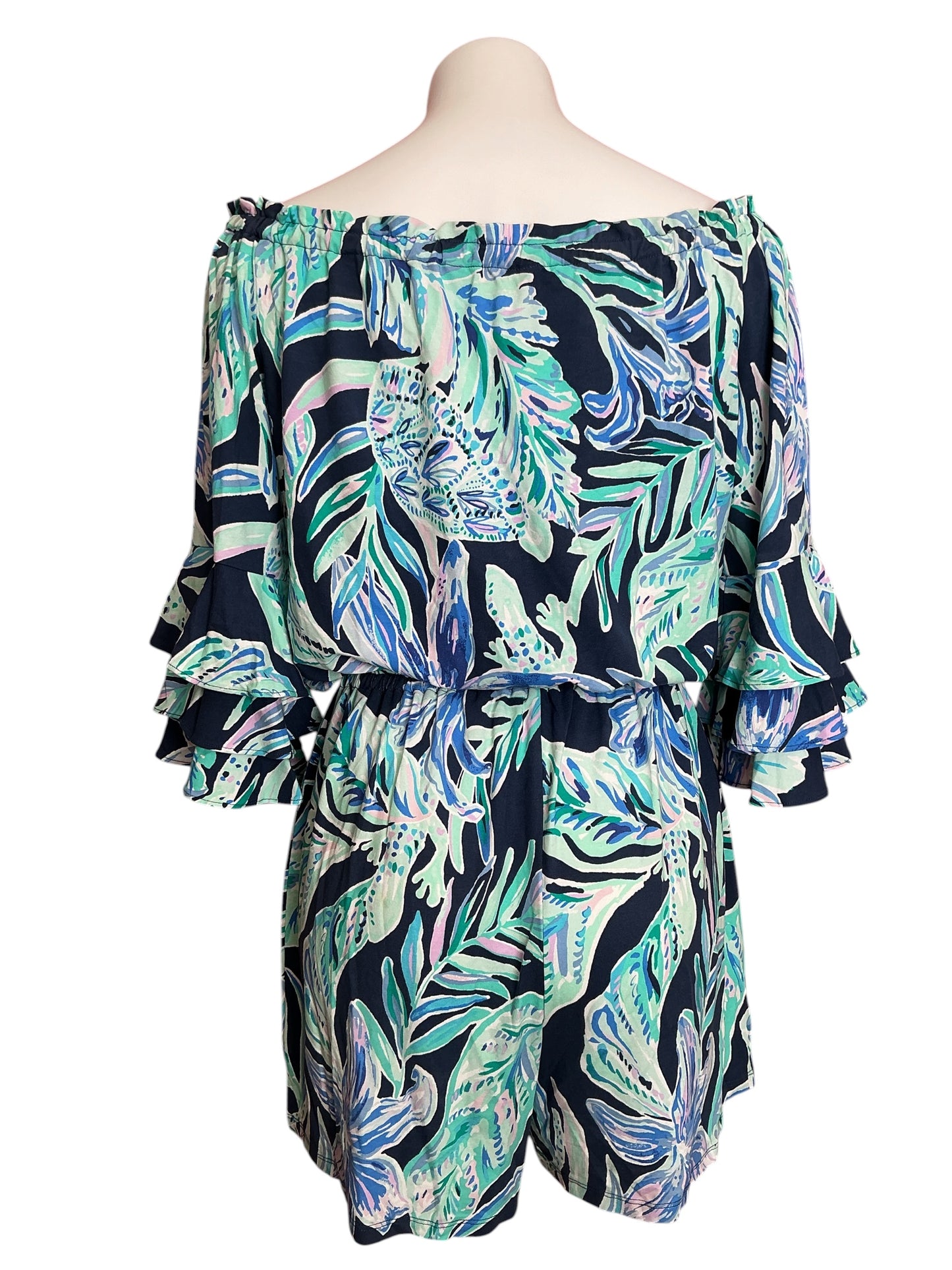 Lilly Pulitzer Calla Off-The-Shoulder High Tide Navy Ready Set Gecko - Size M