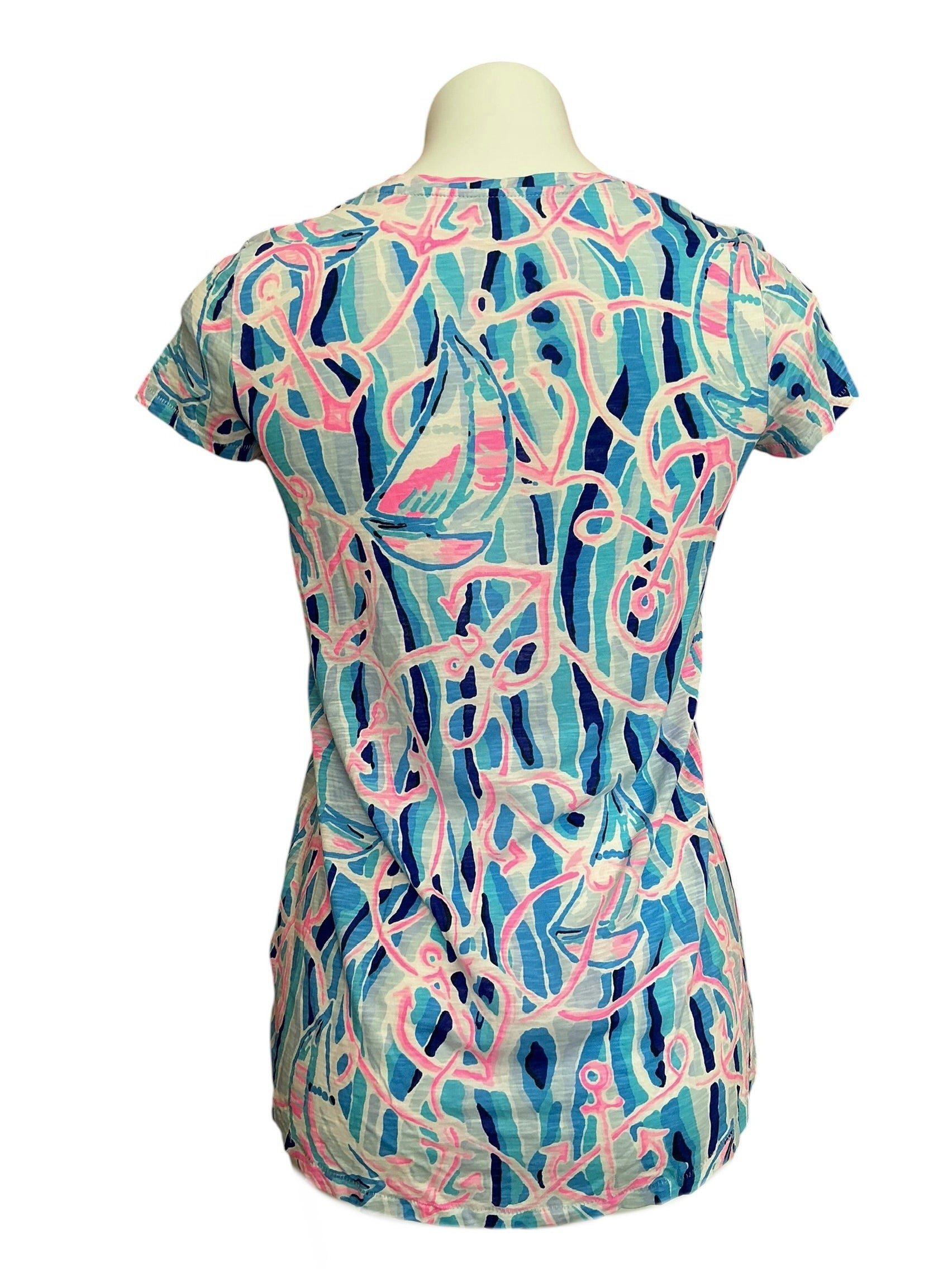 Lilly Pulitzer Etta V Neck Top Skim Blue Reel Nauti - Size XXS