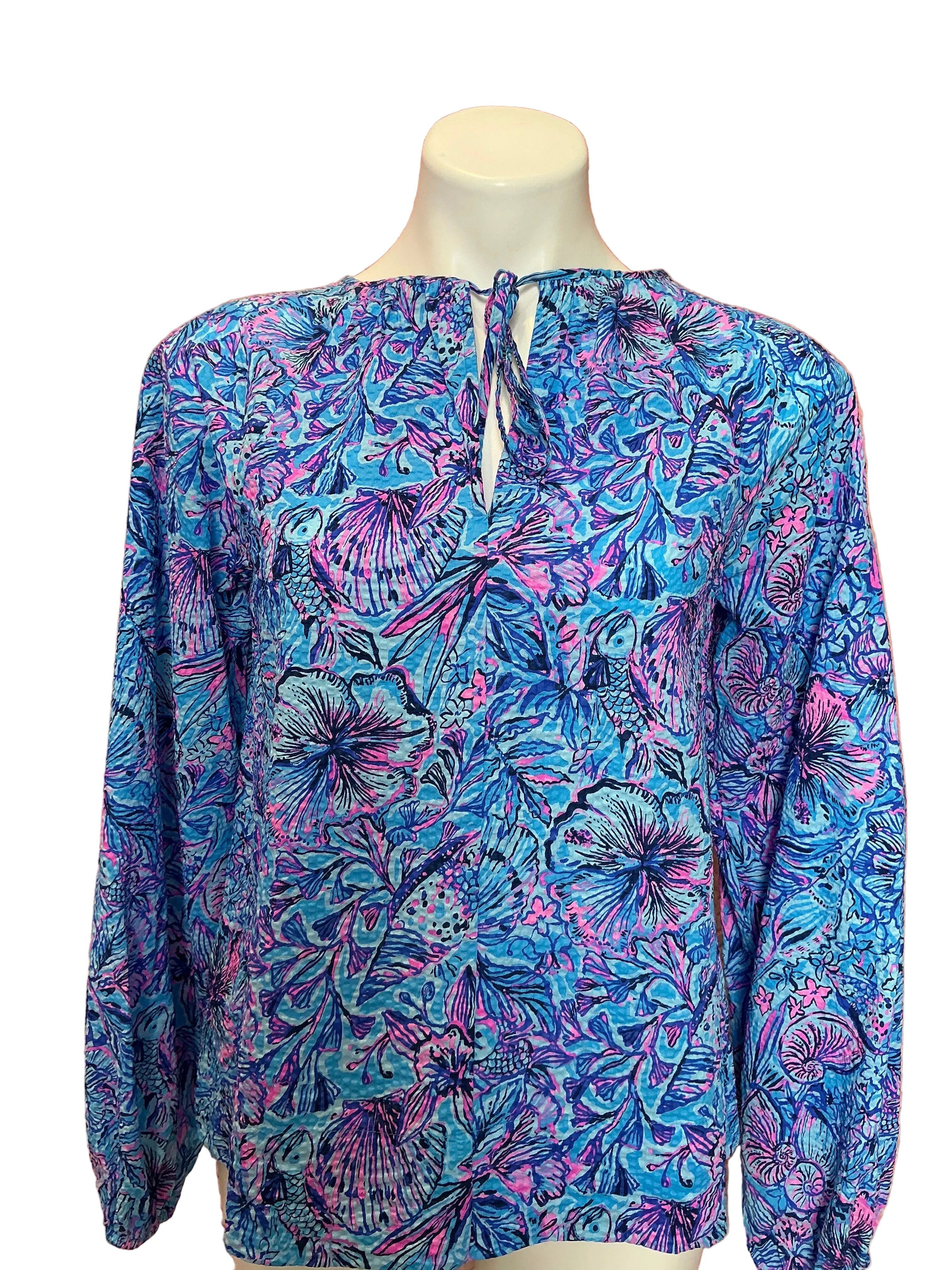 Lilly Pulitzer  Rilynn Long Sleeve Cotton Top Breakwater Blue shells And Bells - Size Small