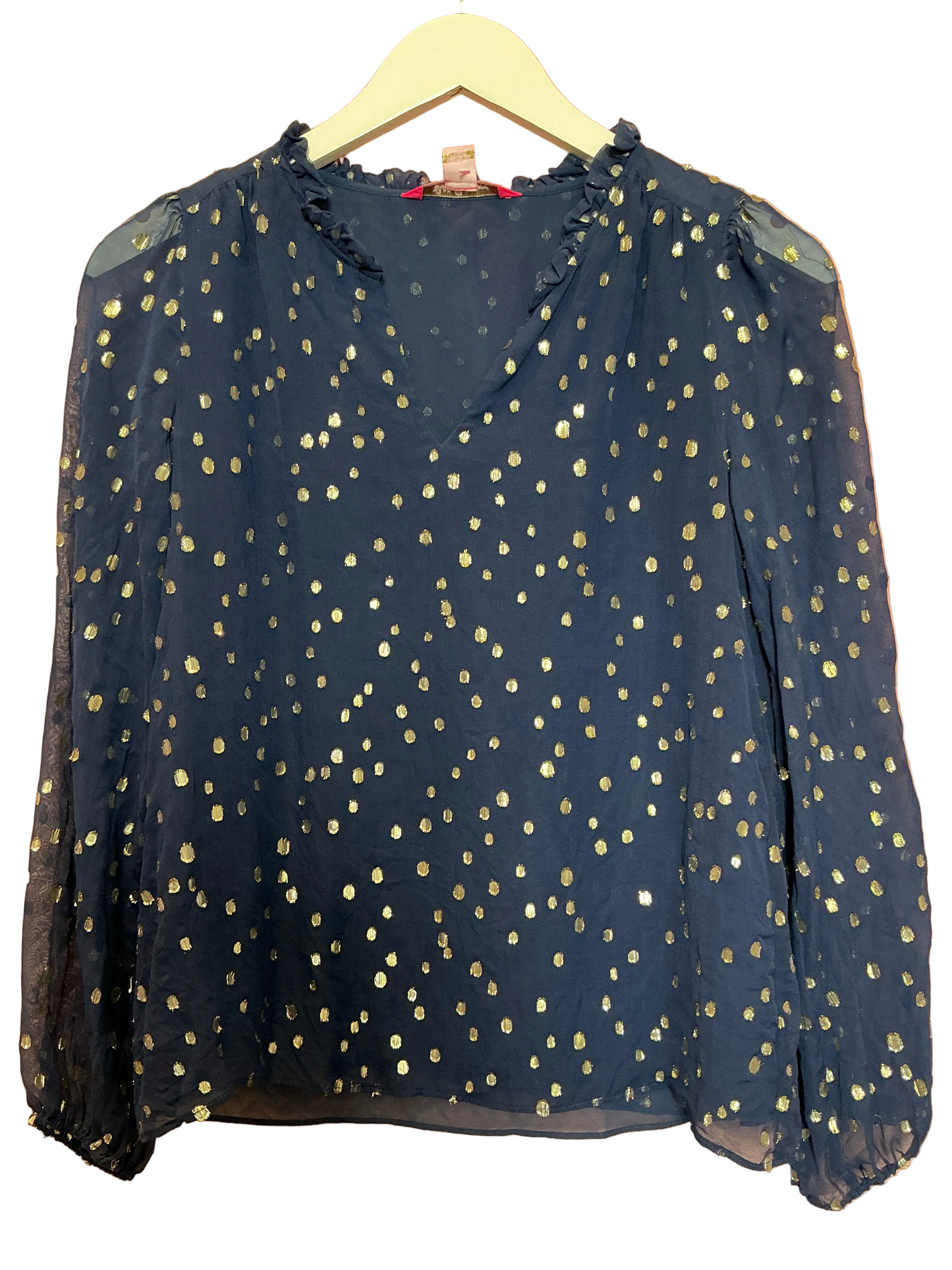 Lily Pulitzer Giana Long Sleeve Silk Top Gold Metallic High Tide Navy  - Size XS