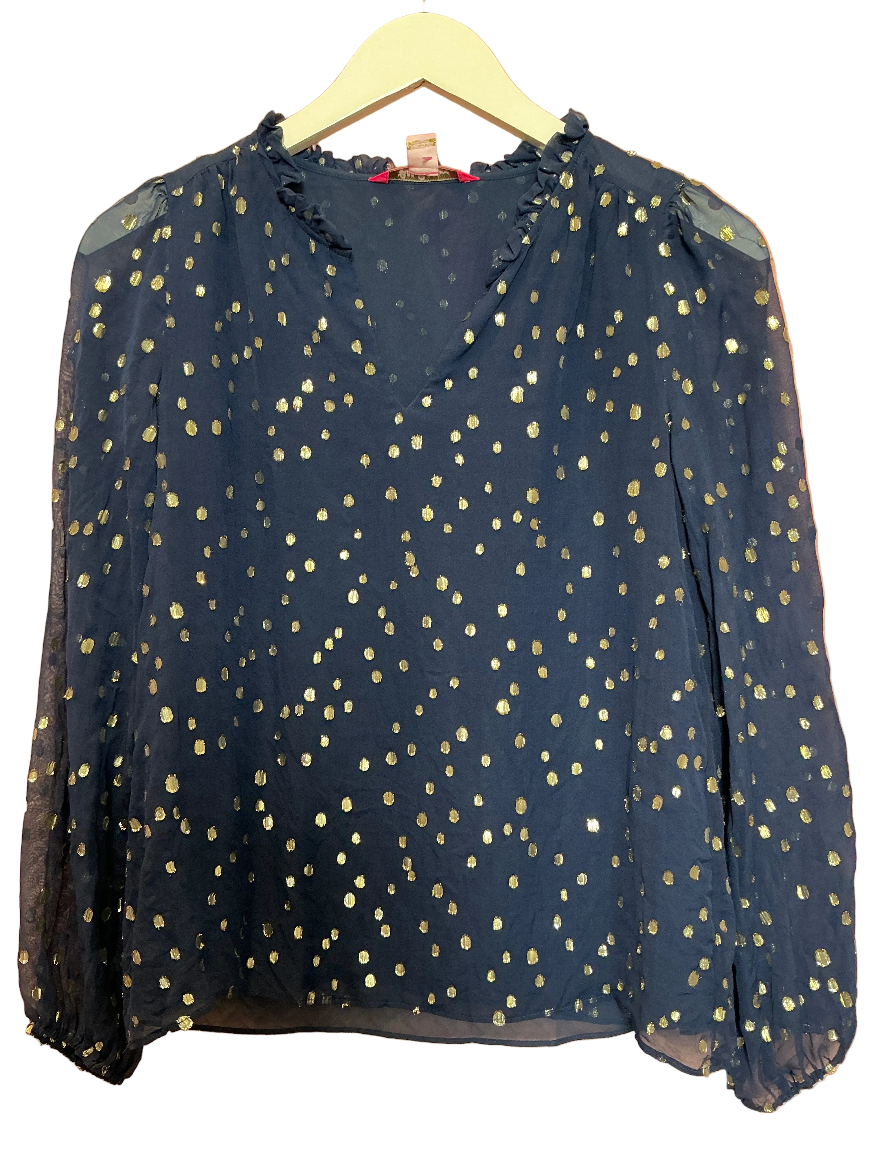 Lily Pulitzer Giana Long Sleeve Silk Top Gold Metallic High Tide Navy  - Size XS
