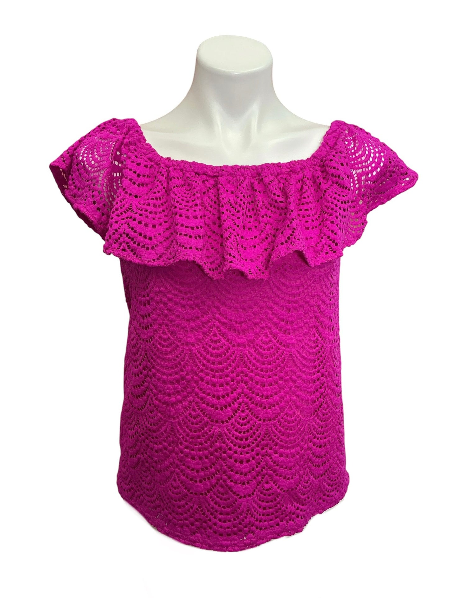 Lilly Pulitzer Wiley Scalloped Shell Lace Off-The-Shoulder Top Magenta - Size S