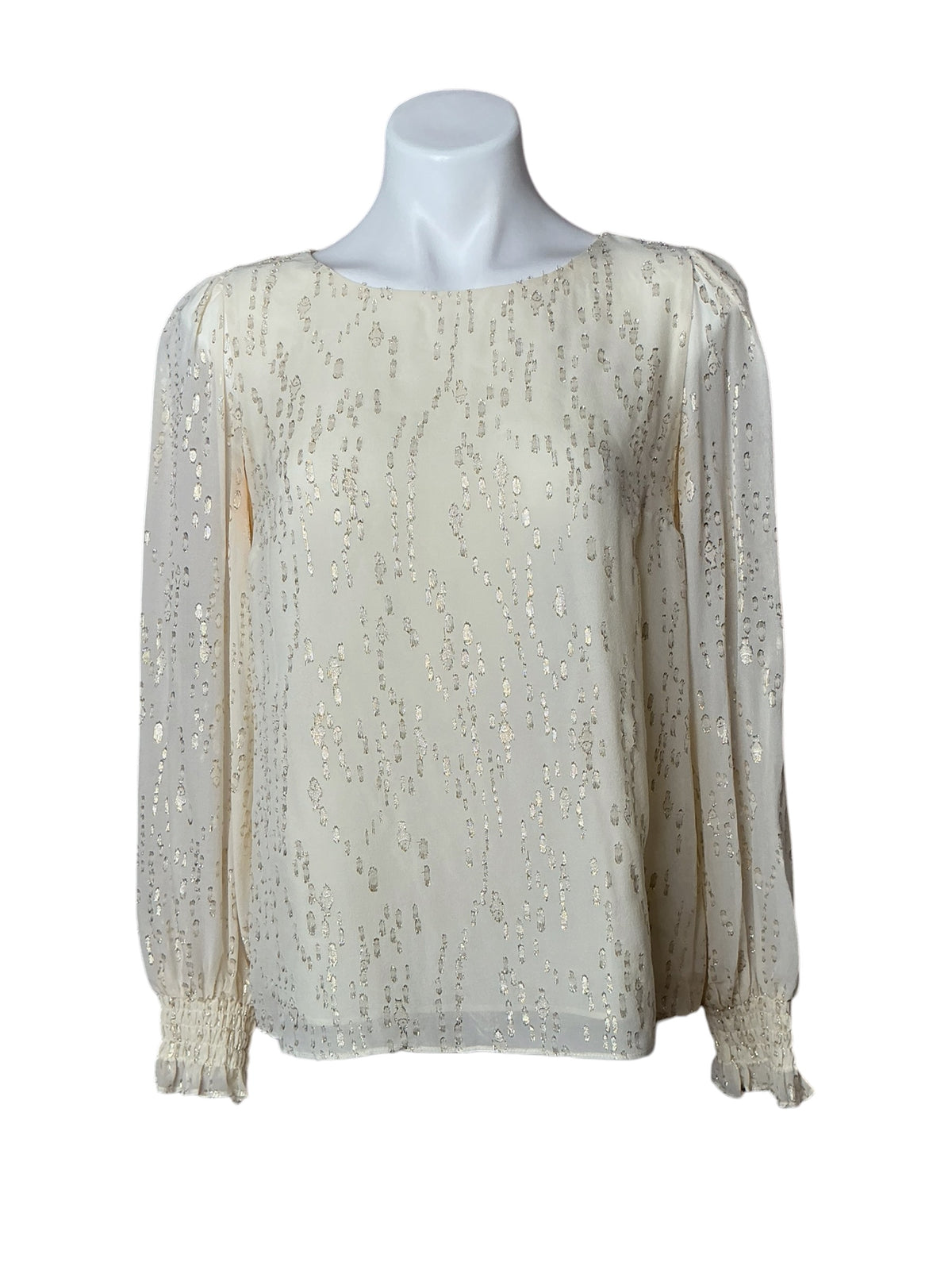 Lilly Pulitzer Idina Long Sleeve Silk Top Coconut Metallic Gold Fish Clip - Size S