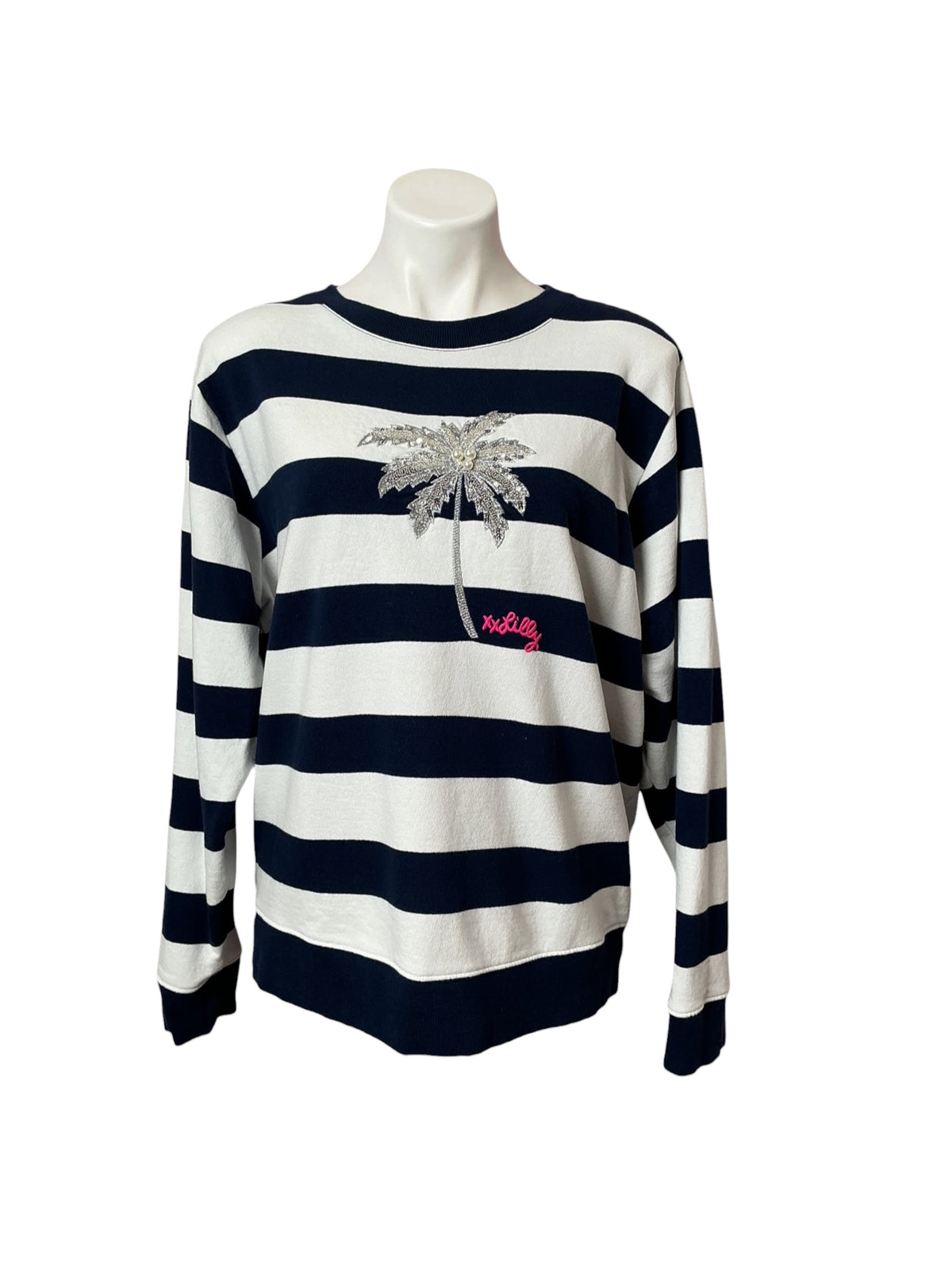 Lilly Pulitzer- Ballad Cotton Sweatshirt Low Tide Navy Beaded Palm Size L