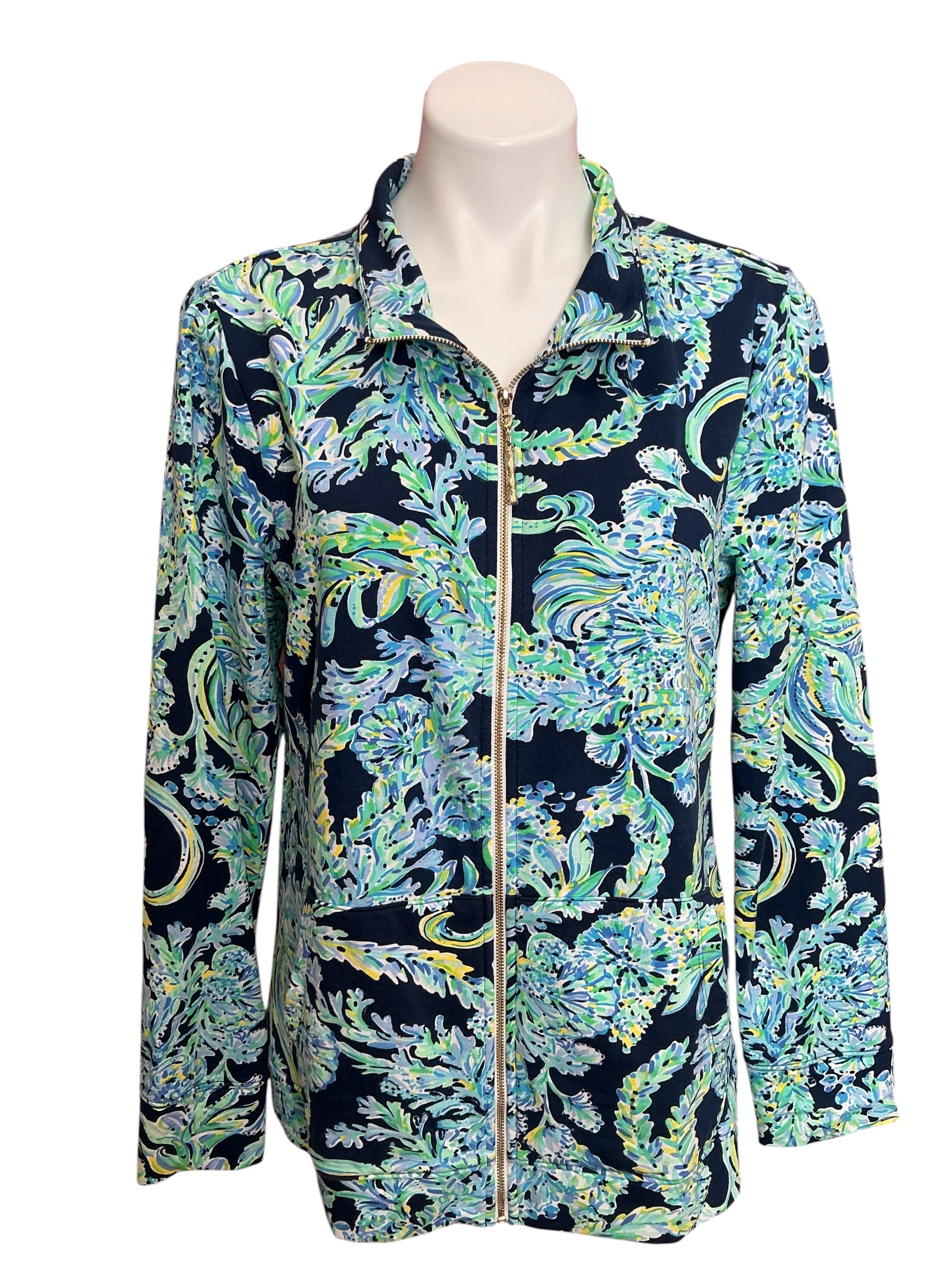 Lilly Pulitzer Betsey Zip Up Jacket High Tide Navy Scuba Doo - Size L