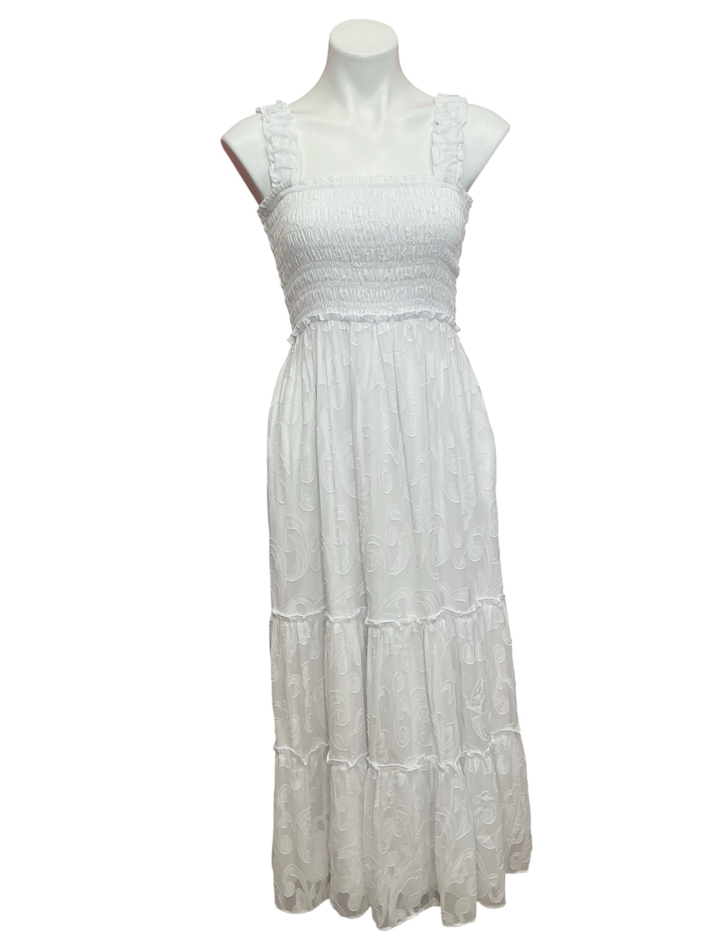 Lilly Pulitzer Hadly Smocked Maxi Dress Resort White Poly Crepe Swirl Clip - Size S