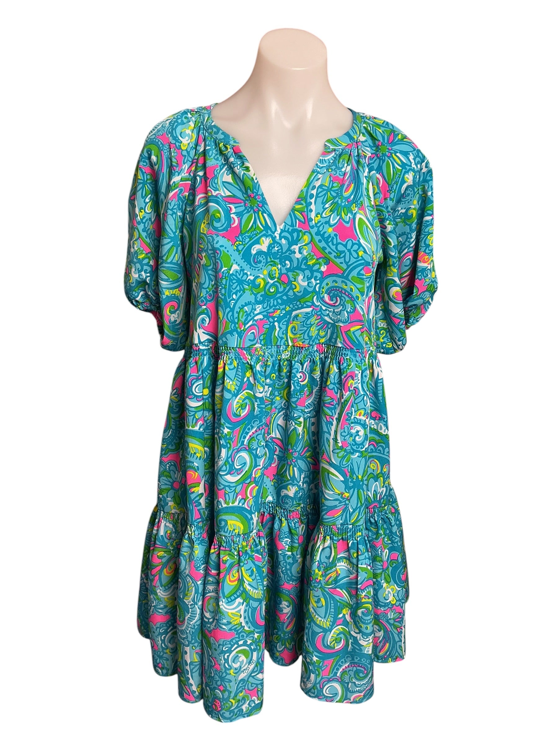 Lilly Pulitzer Shannon Short Sleeve Tiered Swing Dress Seabreeze Blue Hey Gull Friend - Size XS
