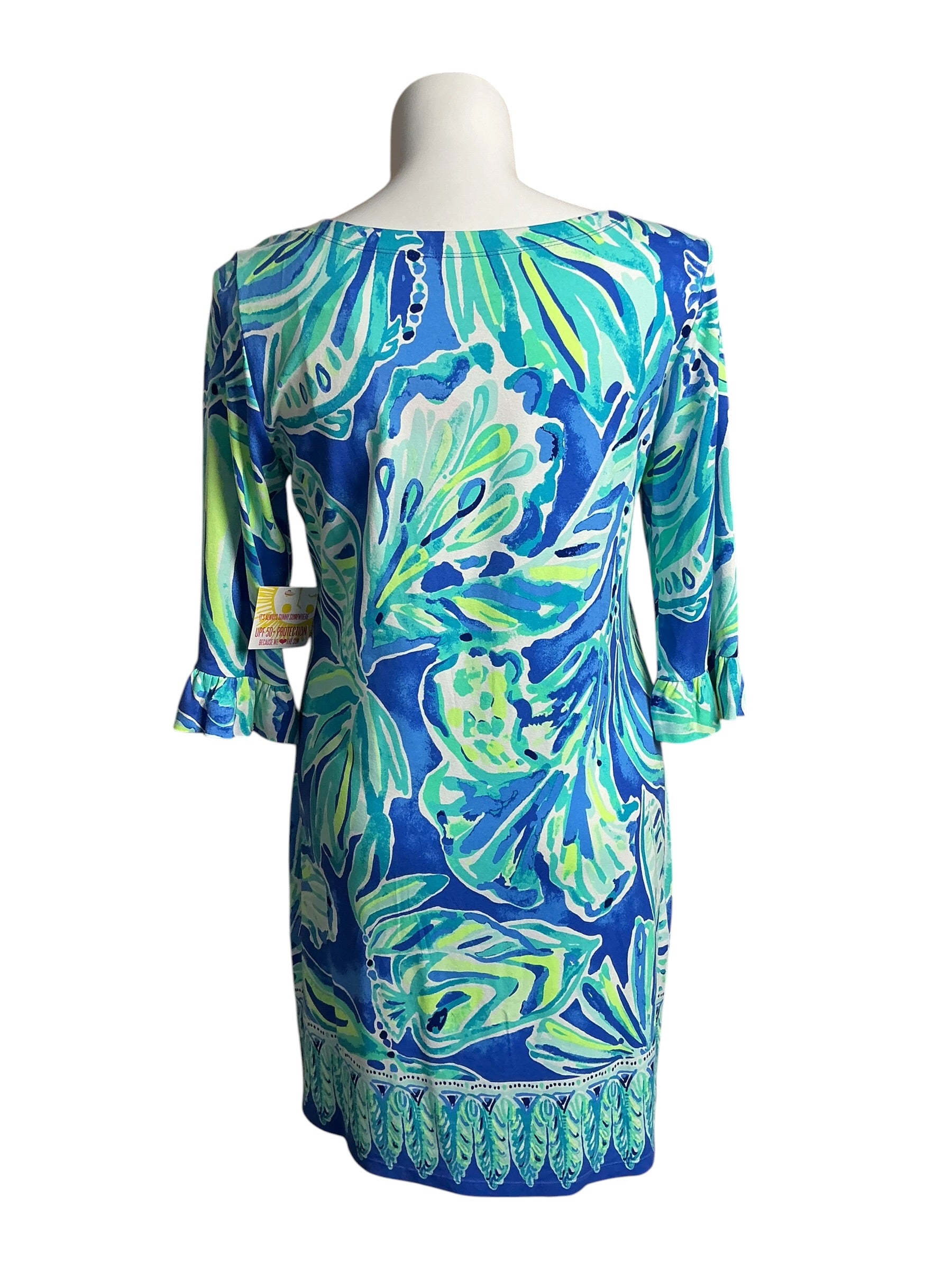 Lilly Pulitzer NWT UPF 50+ Sophie Ruffle Dress Beckon Blue Palm Passage Engineered - Size XL