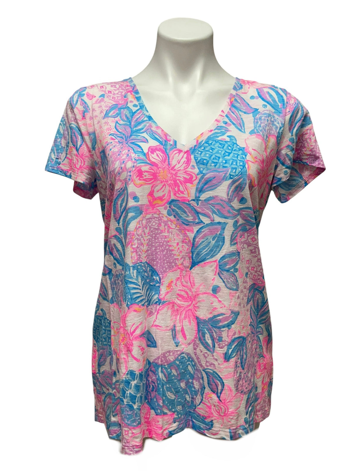 Lilly Pulitzer Etta V Neck Top Pink Isle Snappy Turtle - Size M