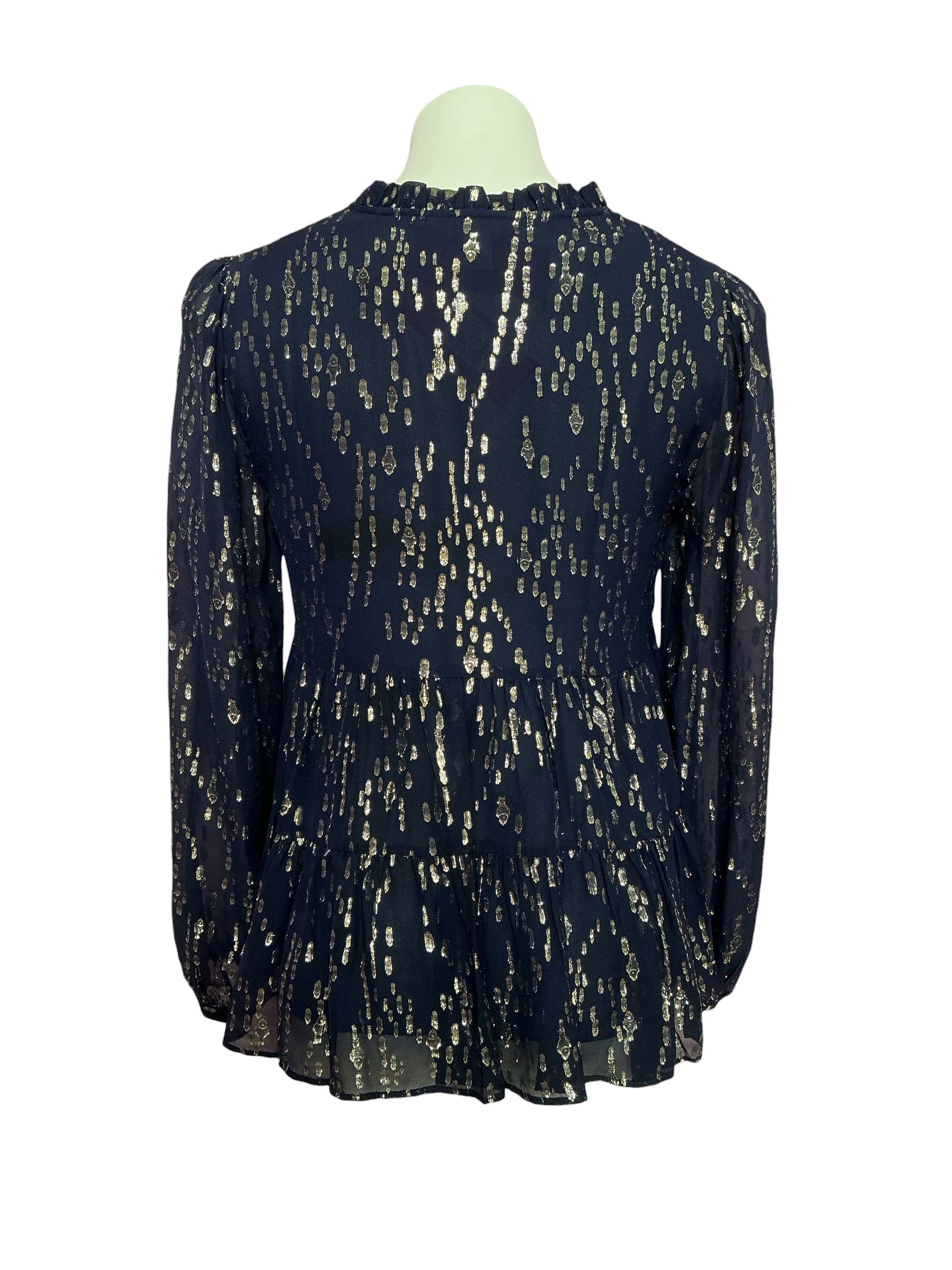 Lilly Pulitzer- NWT Sarita Long Sleeve Silk Top True Navy Fish Clip Chiffon Size 2