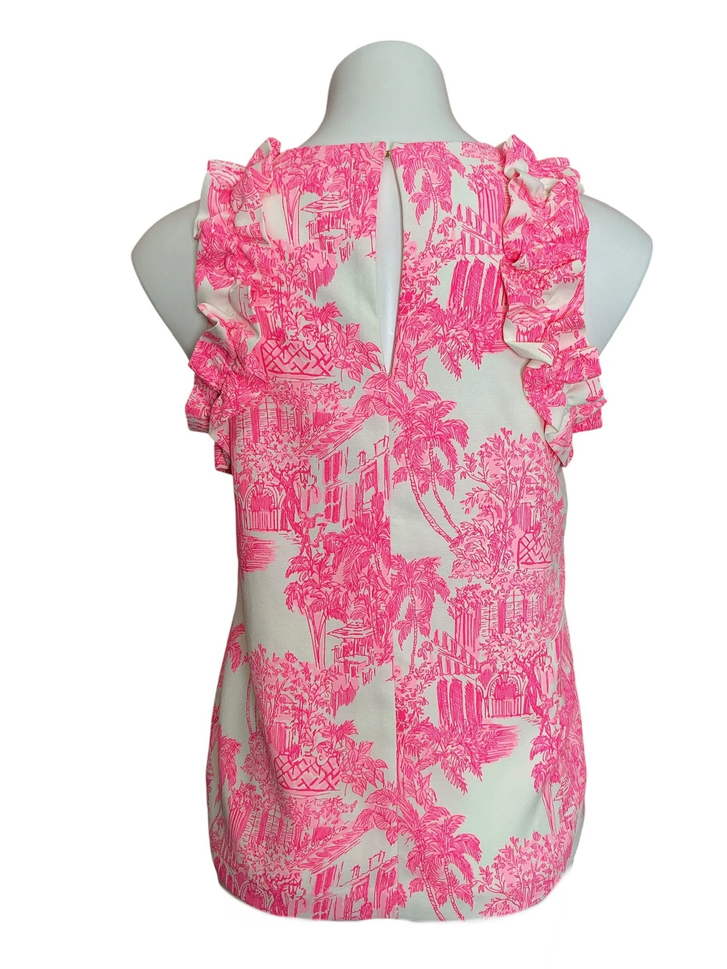 Lilly Pulitzer Kailee Sleeveless Ruffle Top Roxie Pink Palm Beach Anniversay Toile - Size XS
