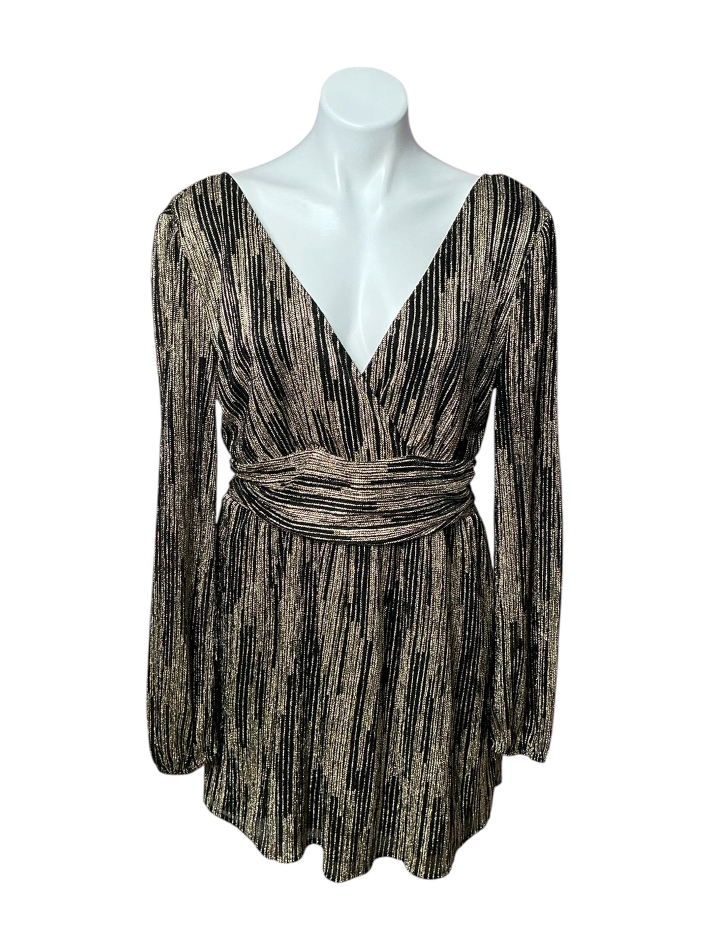 Lilly Pulitzer Riza Long Sleeve Romper Onyx X Gold Metallic Rope Stripe Crinkle Knit - Size L