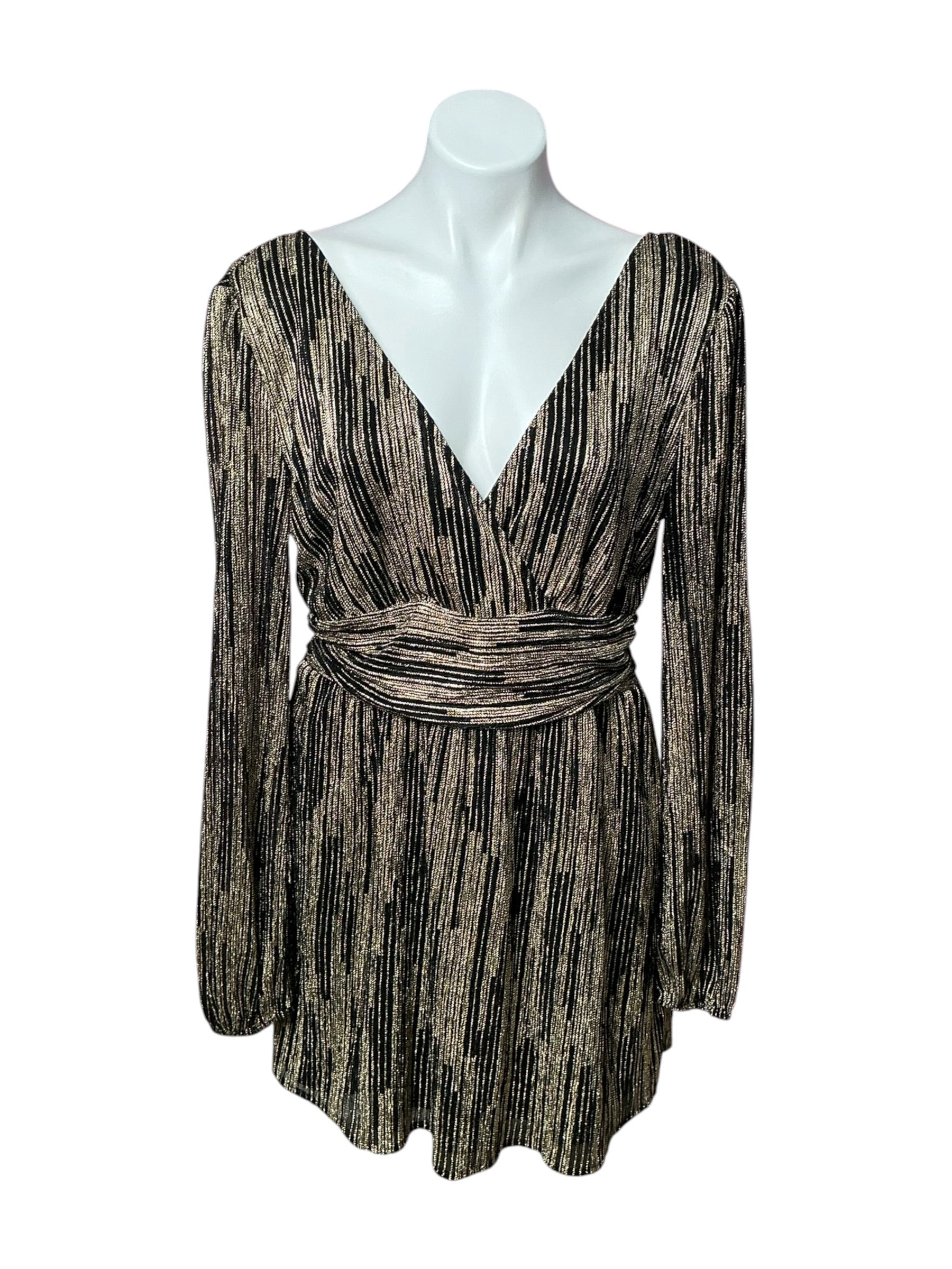 Lilly Pulitzer Riza Long Sleeve Romper Onyx X Gold Metallic Rope Stripe Crinkle Knit - Size L