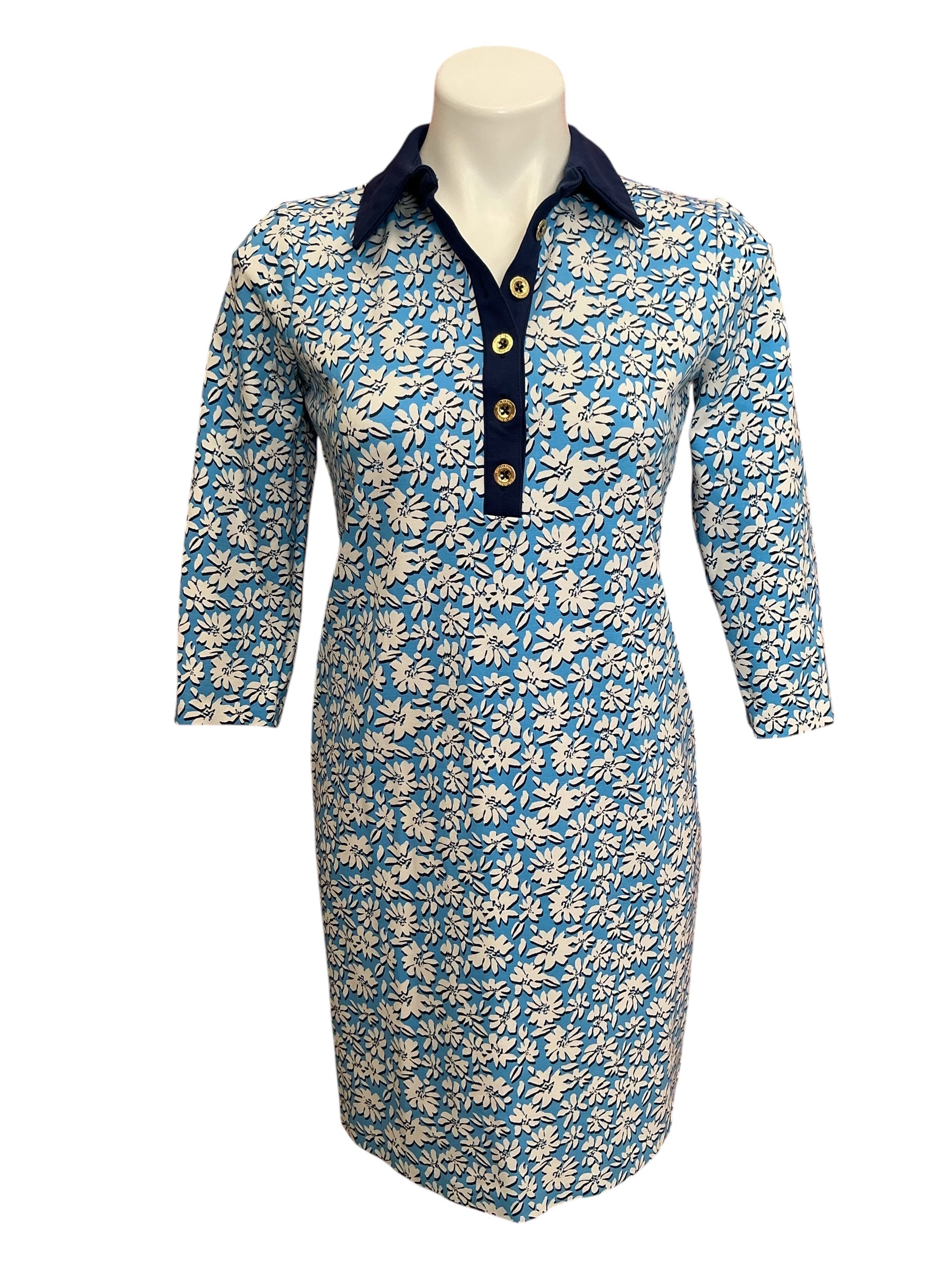Lilly Pulitzer Ainslee 3/4 Sleeve Dress Lunar Blue Palm Beach Petals - Size S