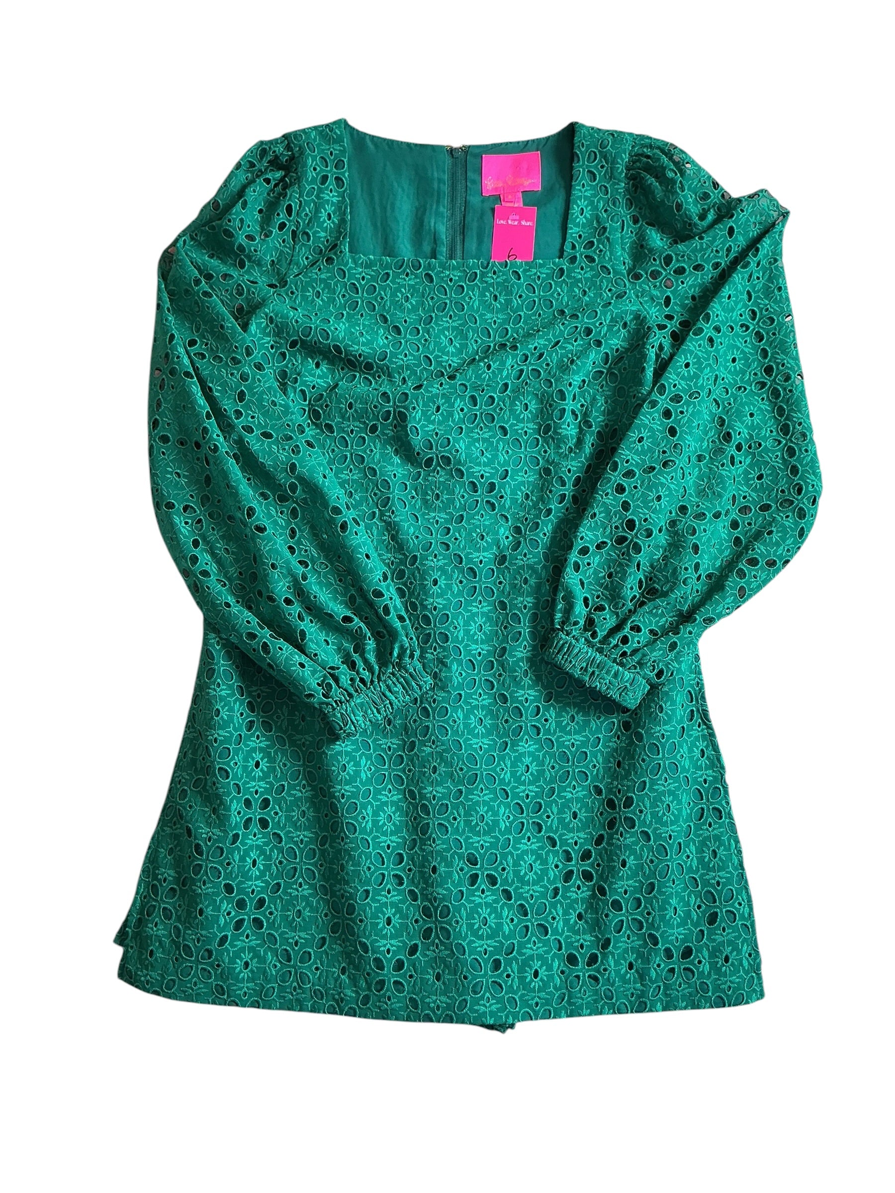 Lilly Pulitzer Sarina Square Neck Romper - Evergreen Oversized Diamond Leaf - Size 6