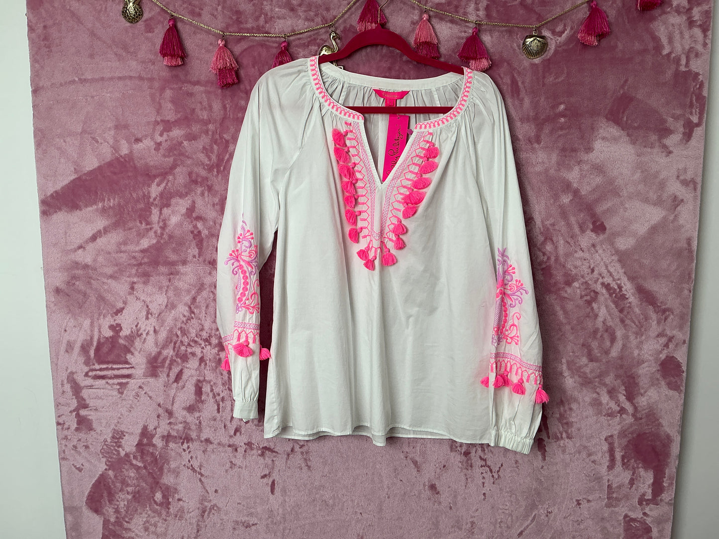 Lilly Pulitzer Long Sleeve Top NWT - Kaydence Tunic Top - Resort White X Pink - Size L