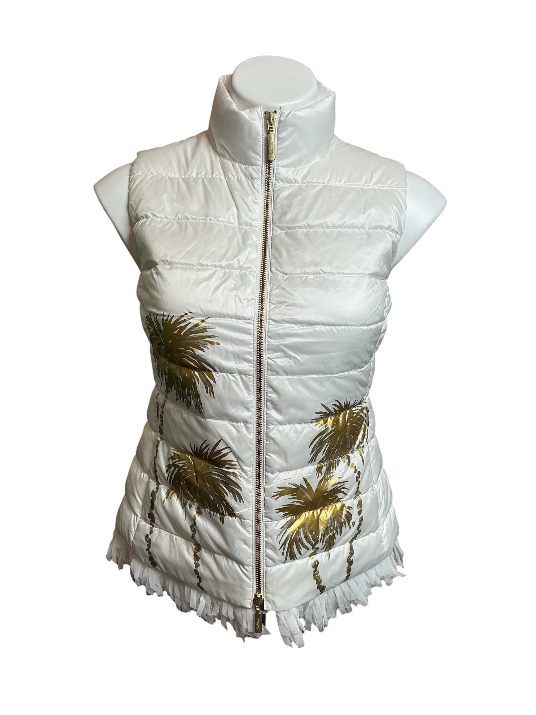 Lilly Pulitzer NWT Layli Masterpiece Puffer Gold Metallic Desert Palm Graphic - Size XS