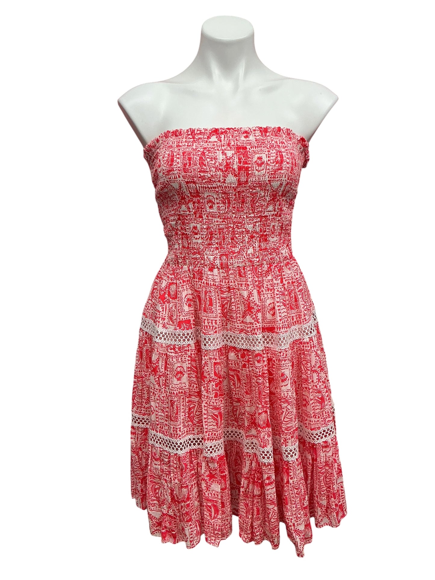 Lilly Pulitzer Kelvina Strapless Smocked Dress Mizner Red Seaside Harbour - Size S