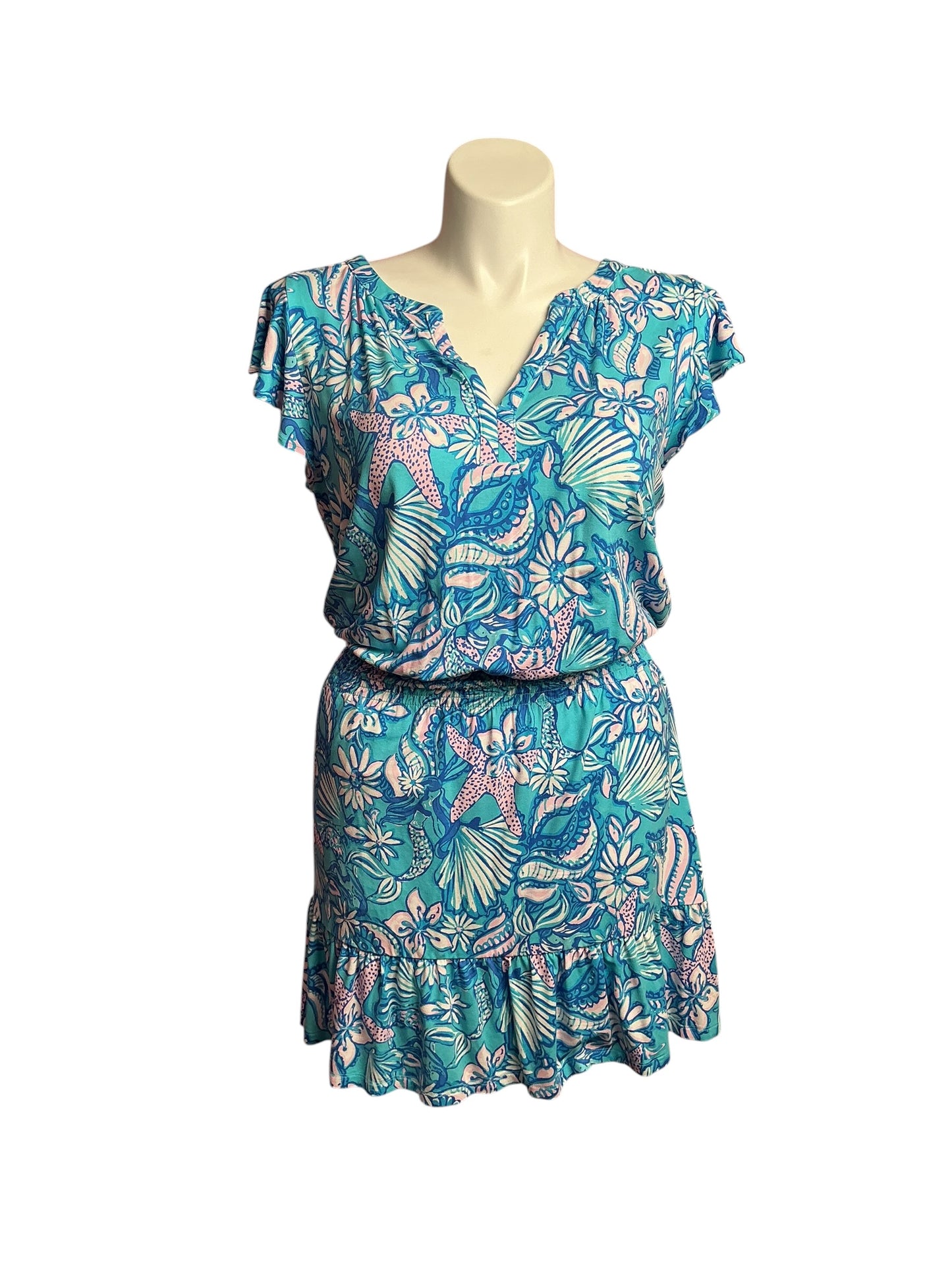 Lilly Pulitzer- Ravi Split Neck Sleeve Romper Amalfi Blue Sound The Sirens Size L