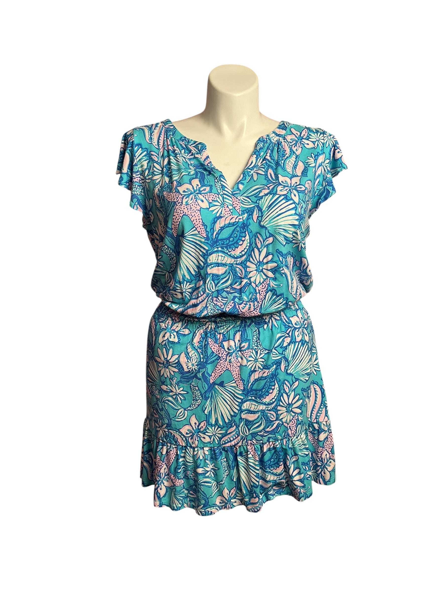 Lilly Pulitzer- Ravi Split Neck Sleeve Romper Amalfi Blue Sound The Sirens Size L