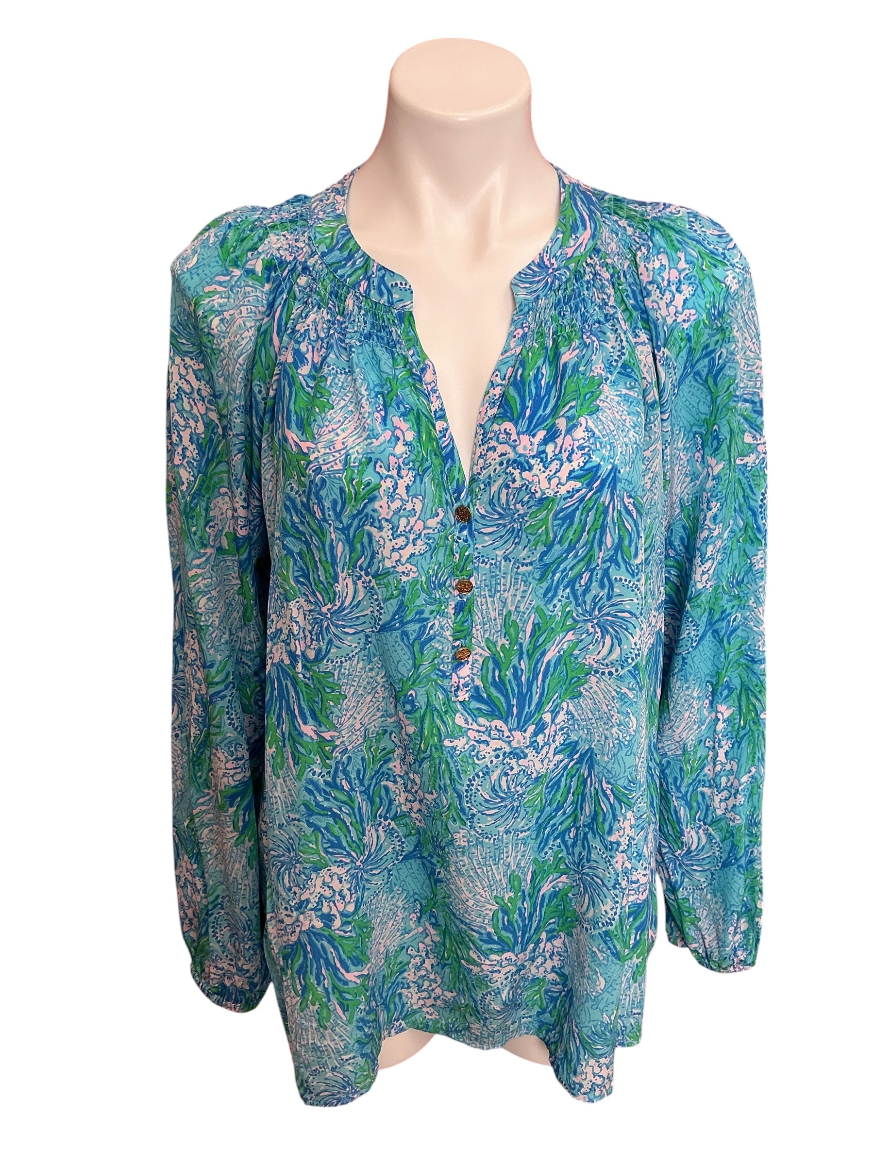 Lilly Pulitzer Elsa Silk Top Las Olas Aqua String Current Sea - Size XL