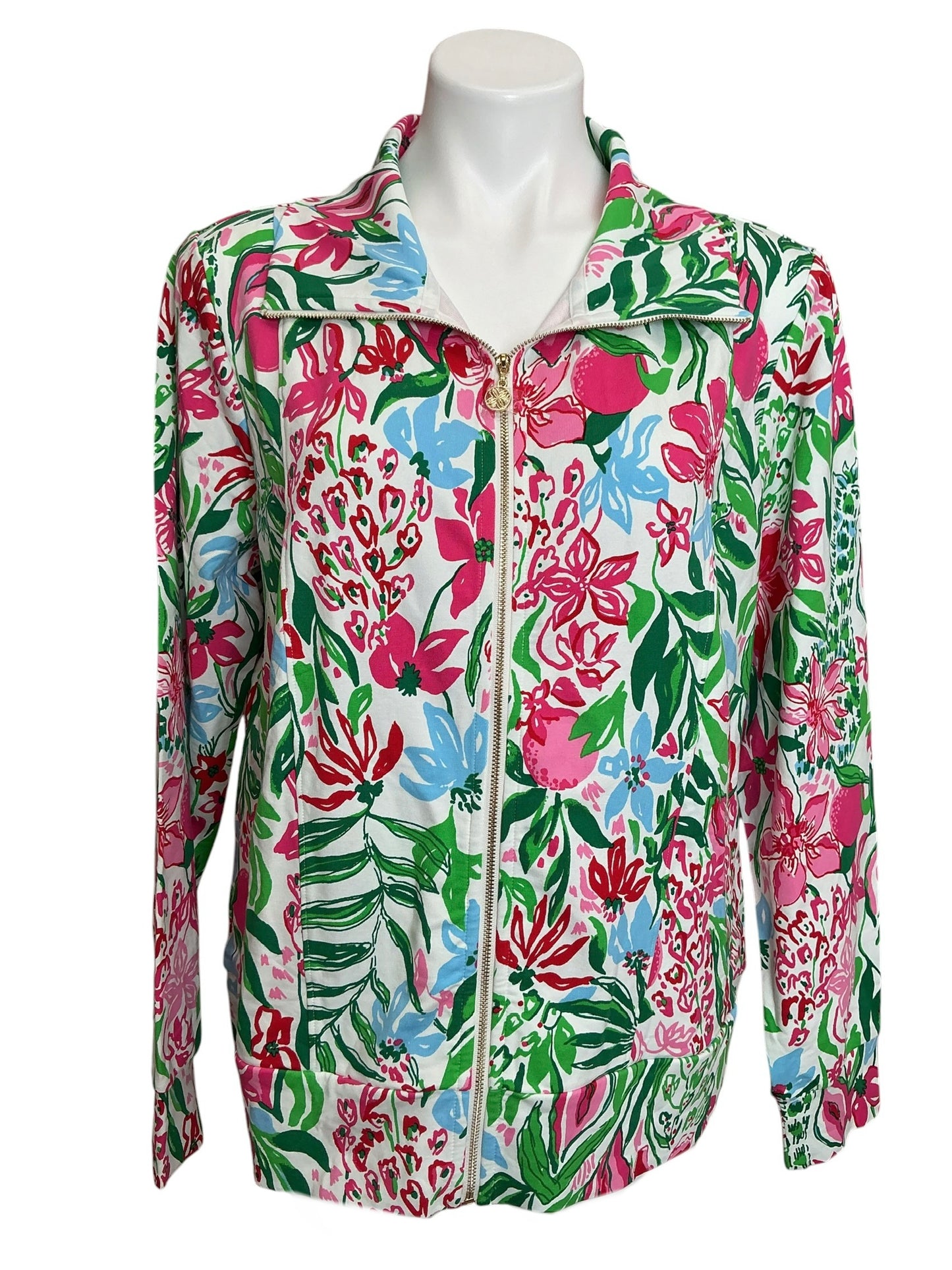 Lilly Pulitzer NWT Eleni Zip Up UPF 50+ Multi Glowing Gardens - Size L